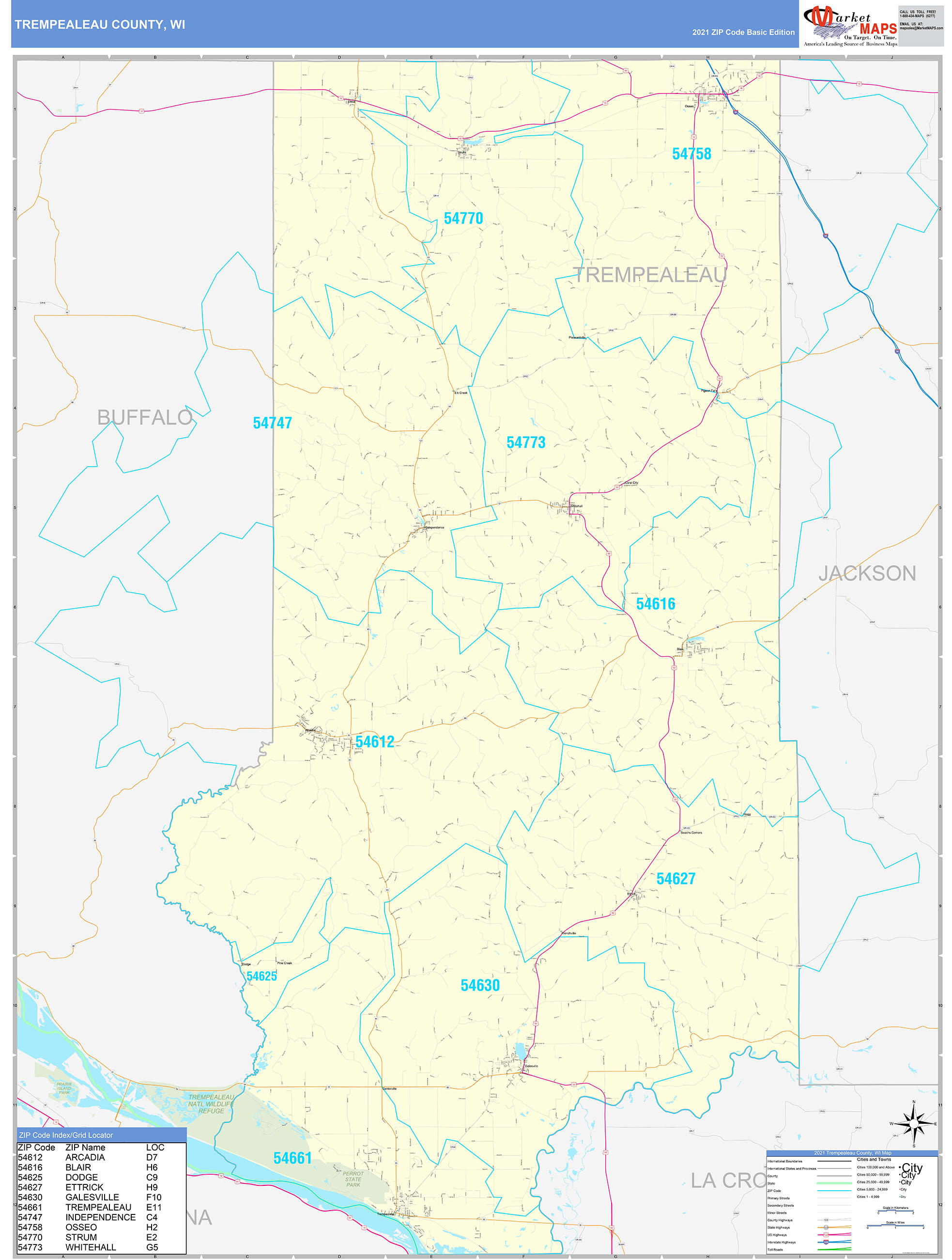 Trempealeau County, WI Zip Code Wall Map Basic Style by MarketMAPS