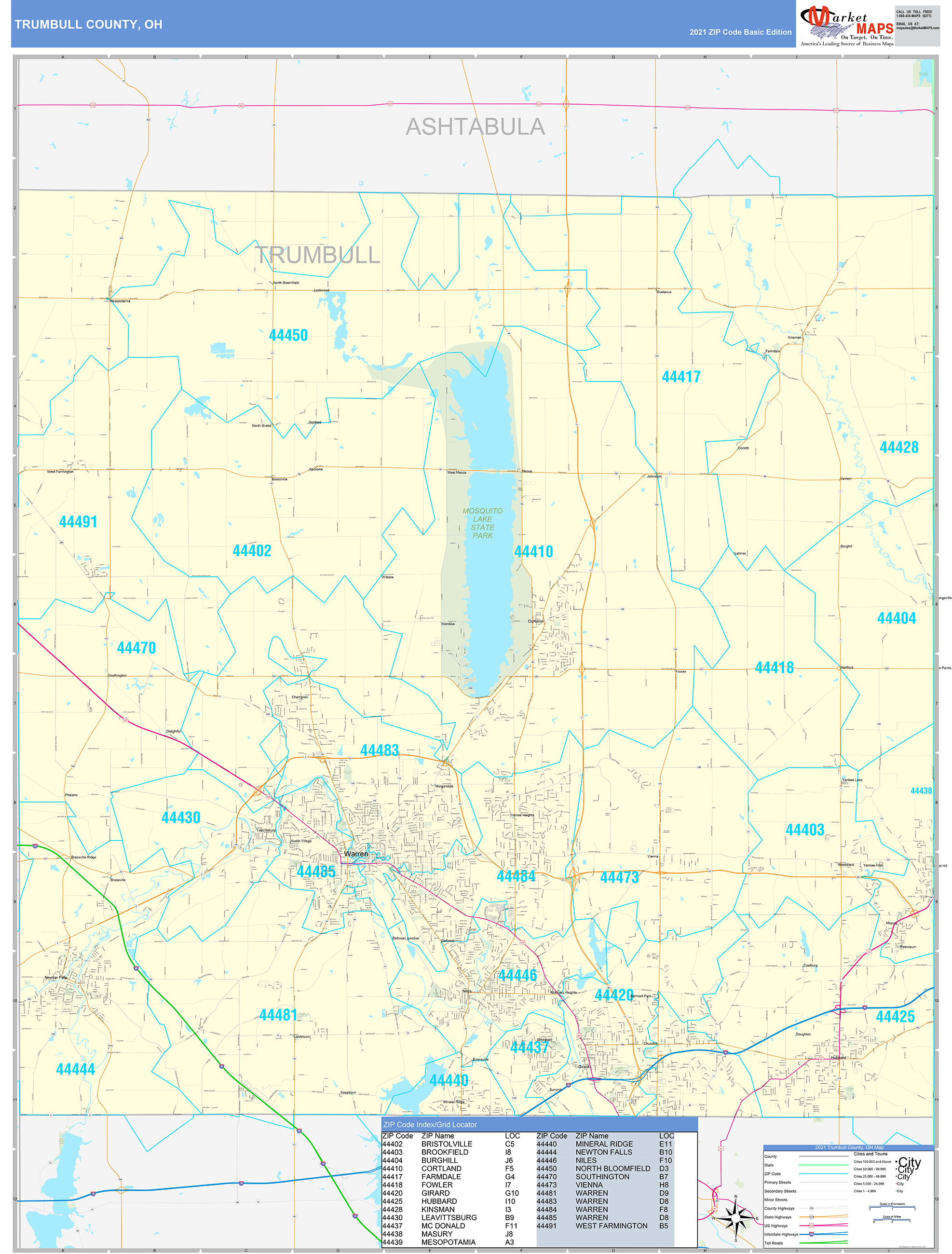 Trumbull County, OH Zip Code Wall Map Basic Style by MarketMAPS MapSales