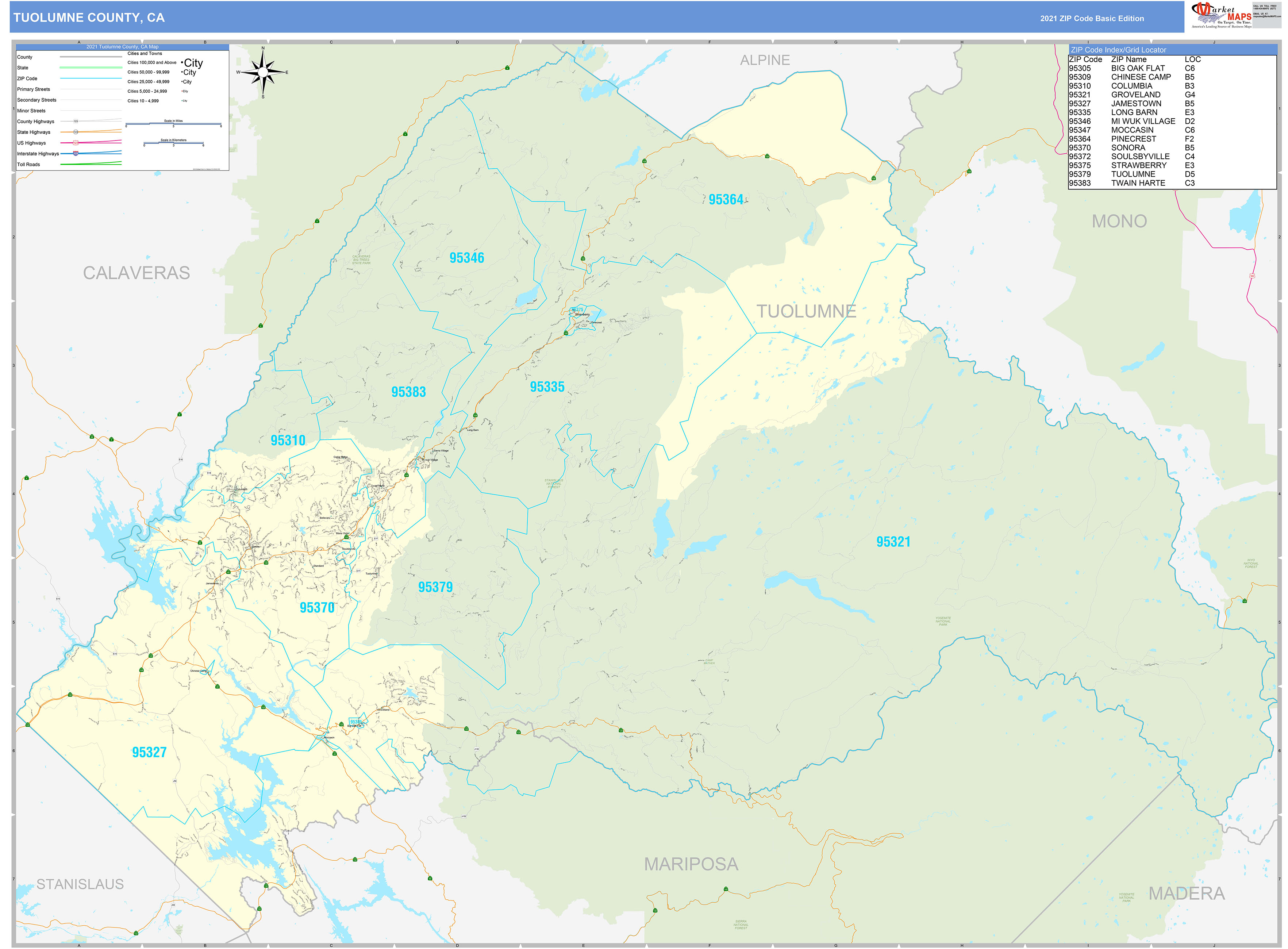 Tuolumne County, CA Zip Code Wall Map Basic Style by MarketMAPS MapSales