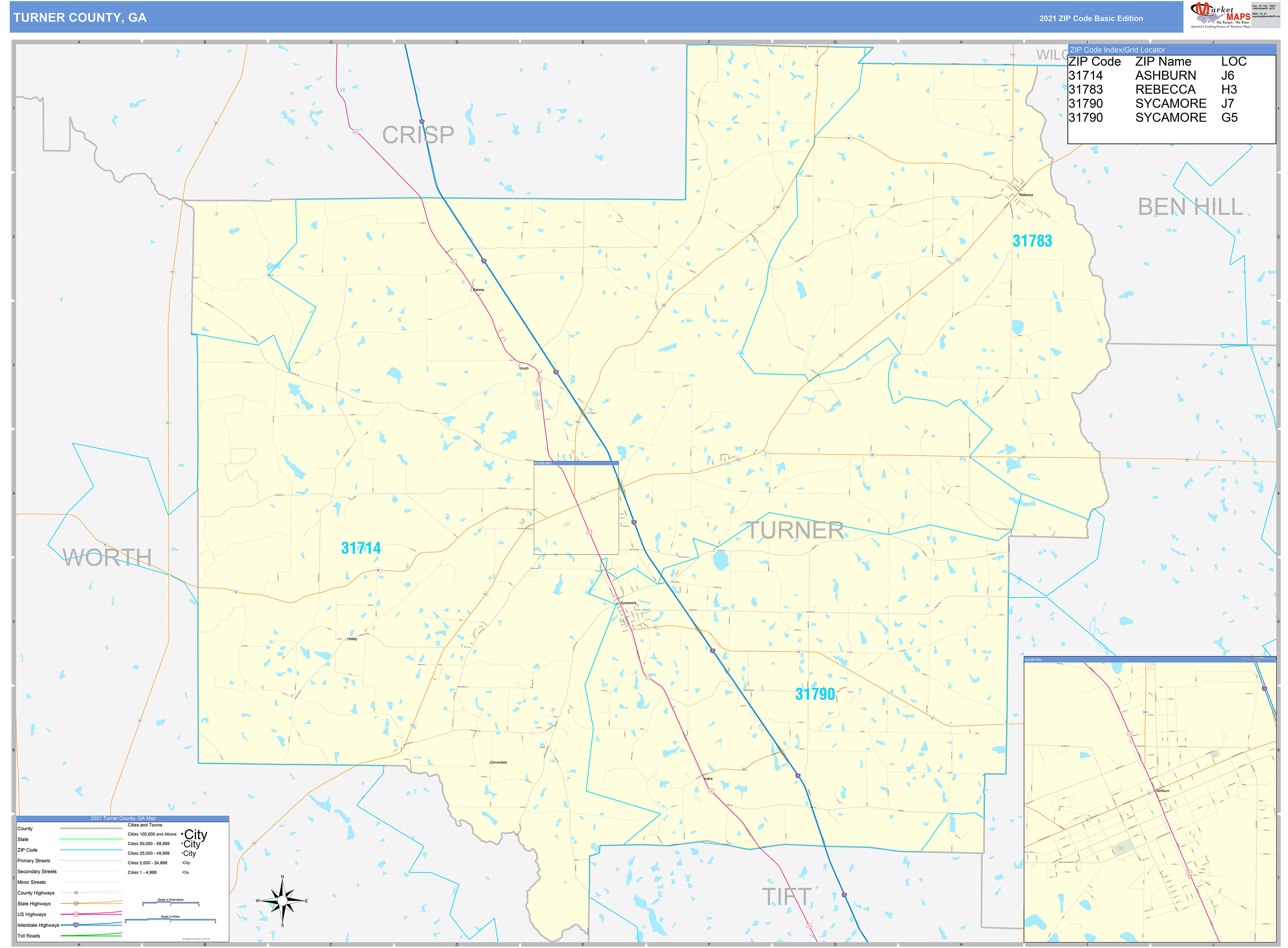 Turner County, GA Zip Code Wall Map Basic Style by MarketMAPS