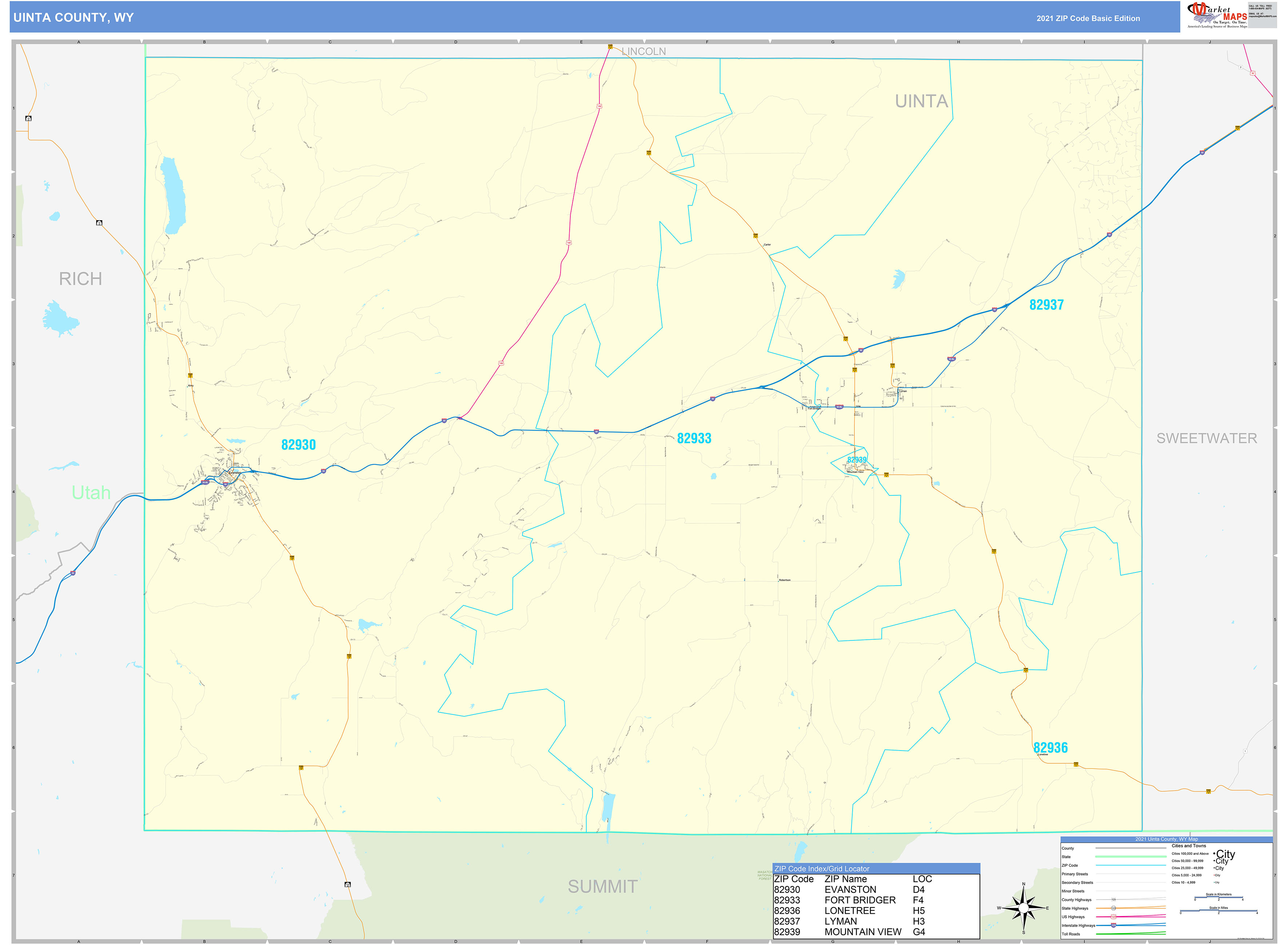 Uinta County, WY Zip Code Wall Map Basic Style by MarketMAPS MapSales