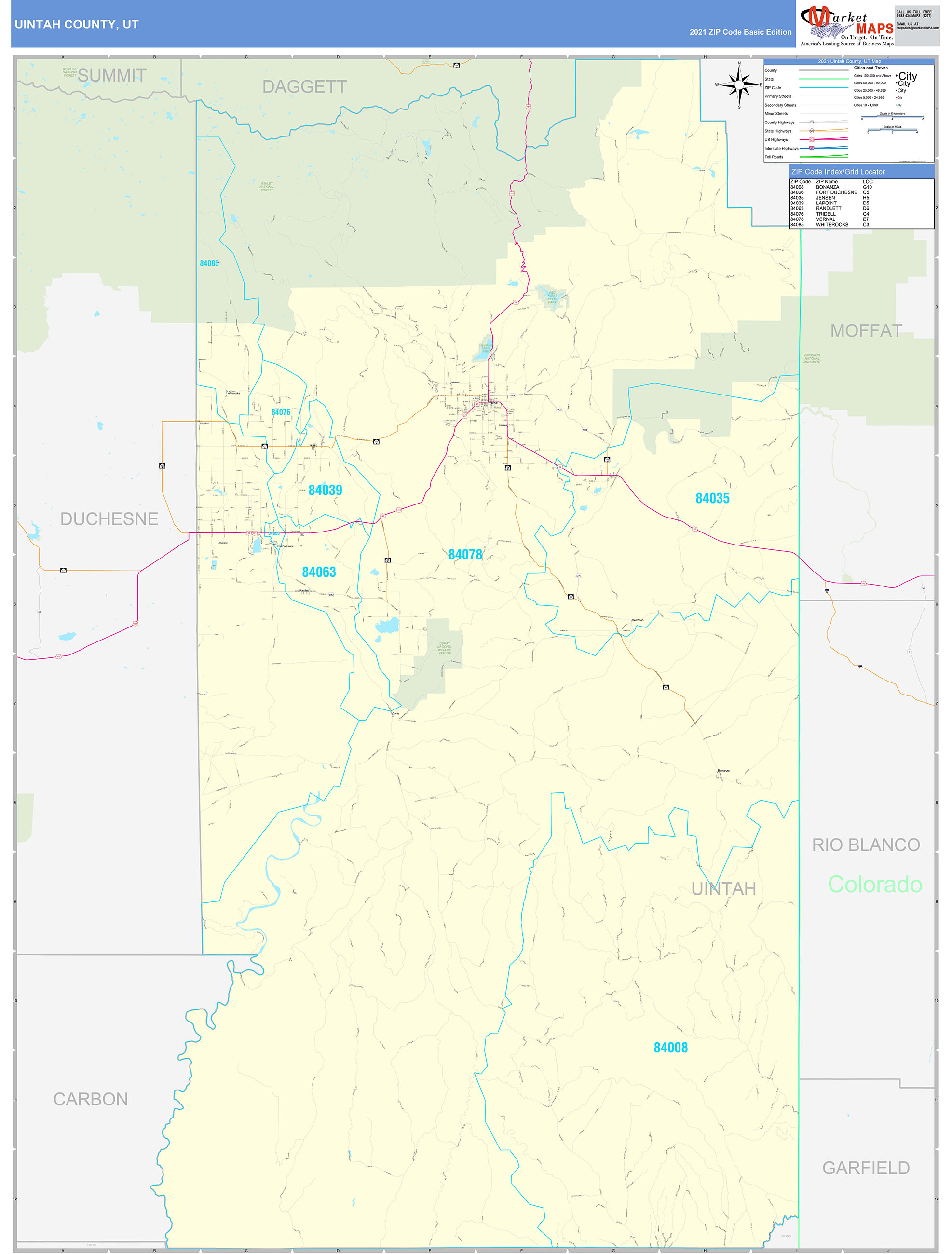 Uintah County, UT Zip Code Wall Map Basic Style by MarketMAPS