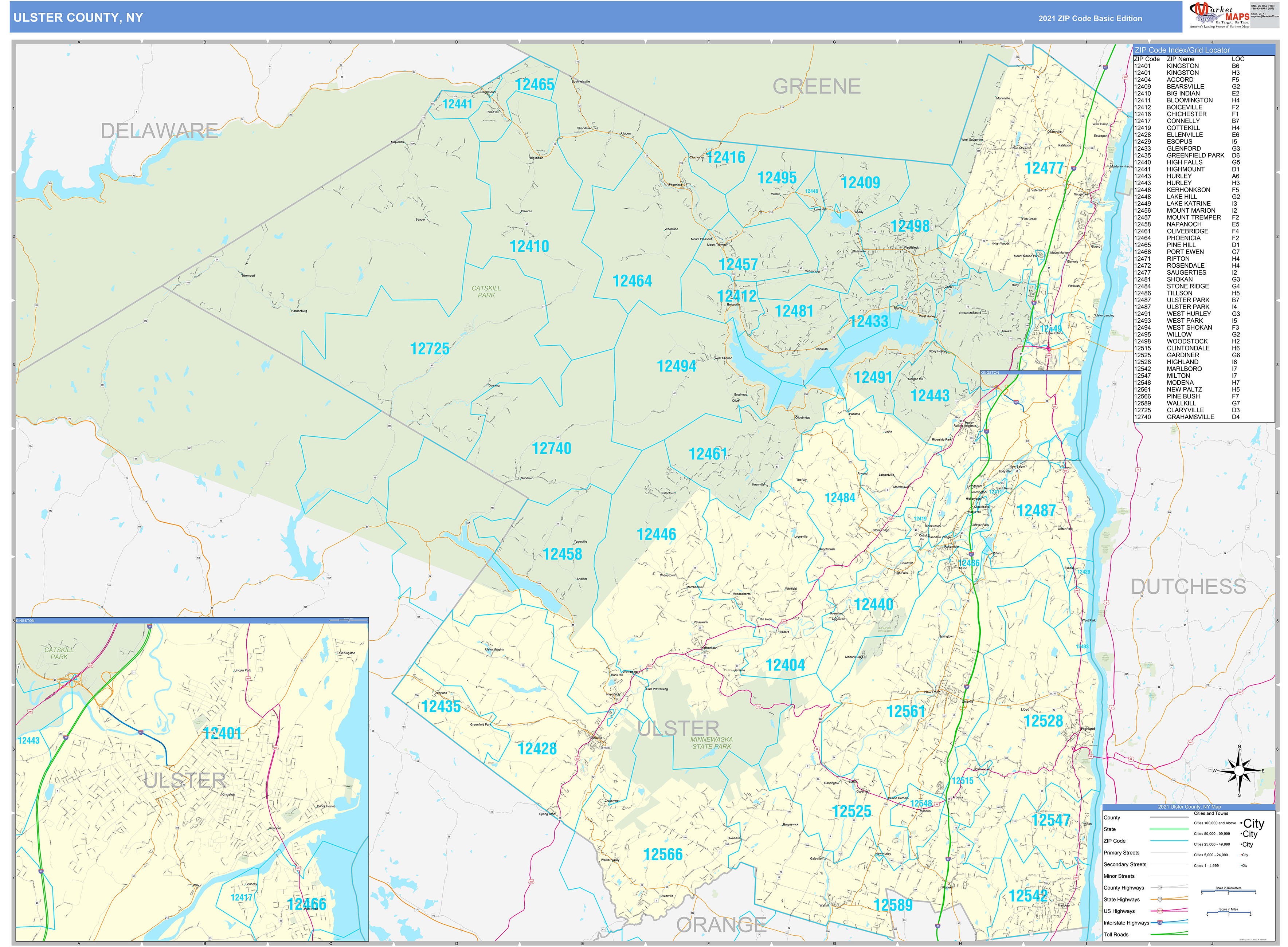 Ulster County, NY Zip Code Wall Map Basic Style by MarketMAPS MapSales
