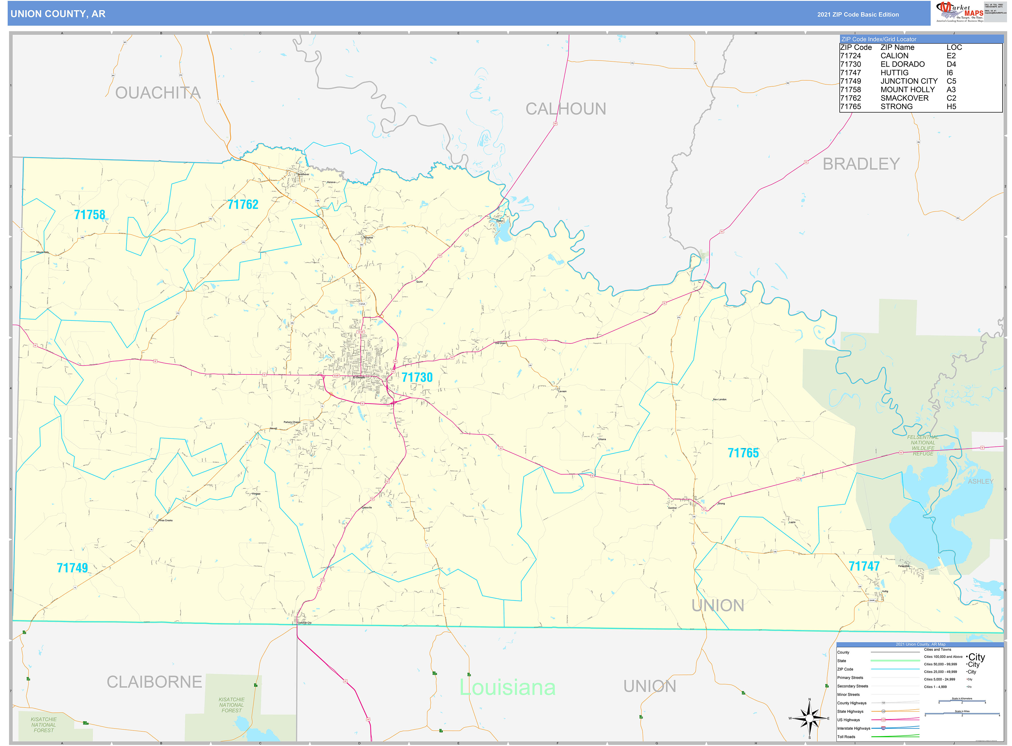 Union County, AR Zip Code Wall Map Basic Style by MarketMAPS MapSales