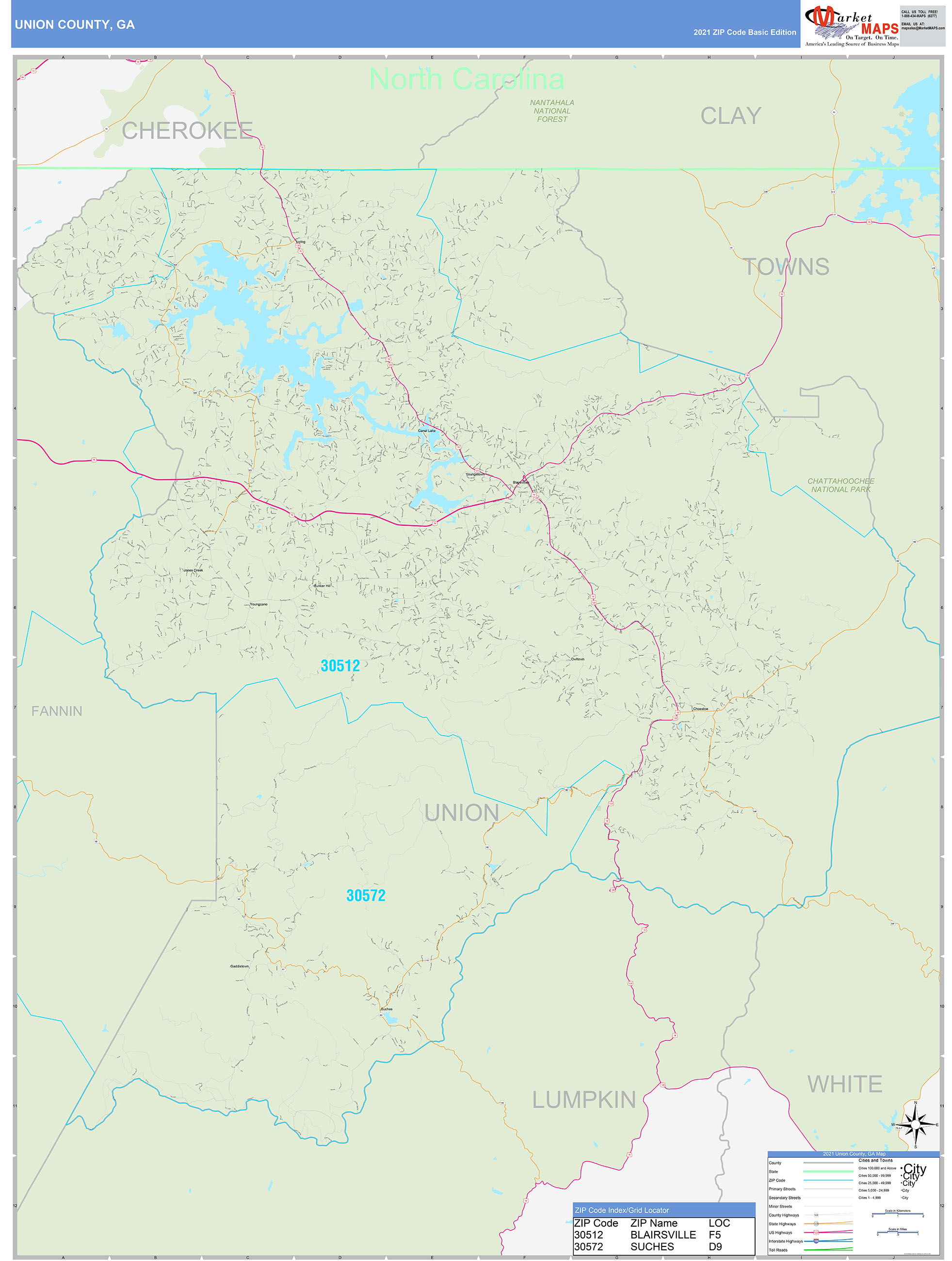 Union County, GA Zip Code Wall Map Basic Style by MarketMAPS