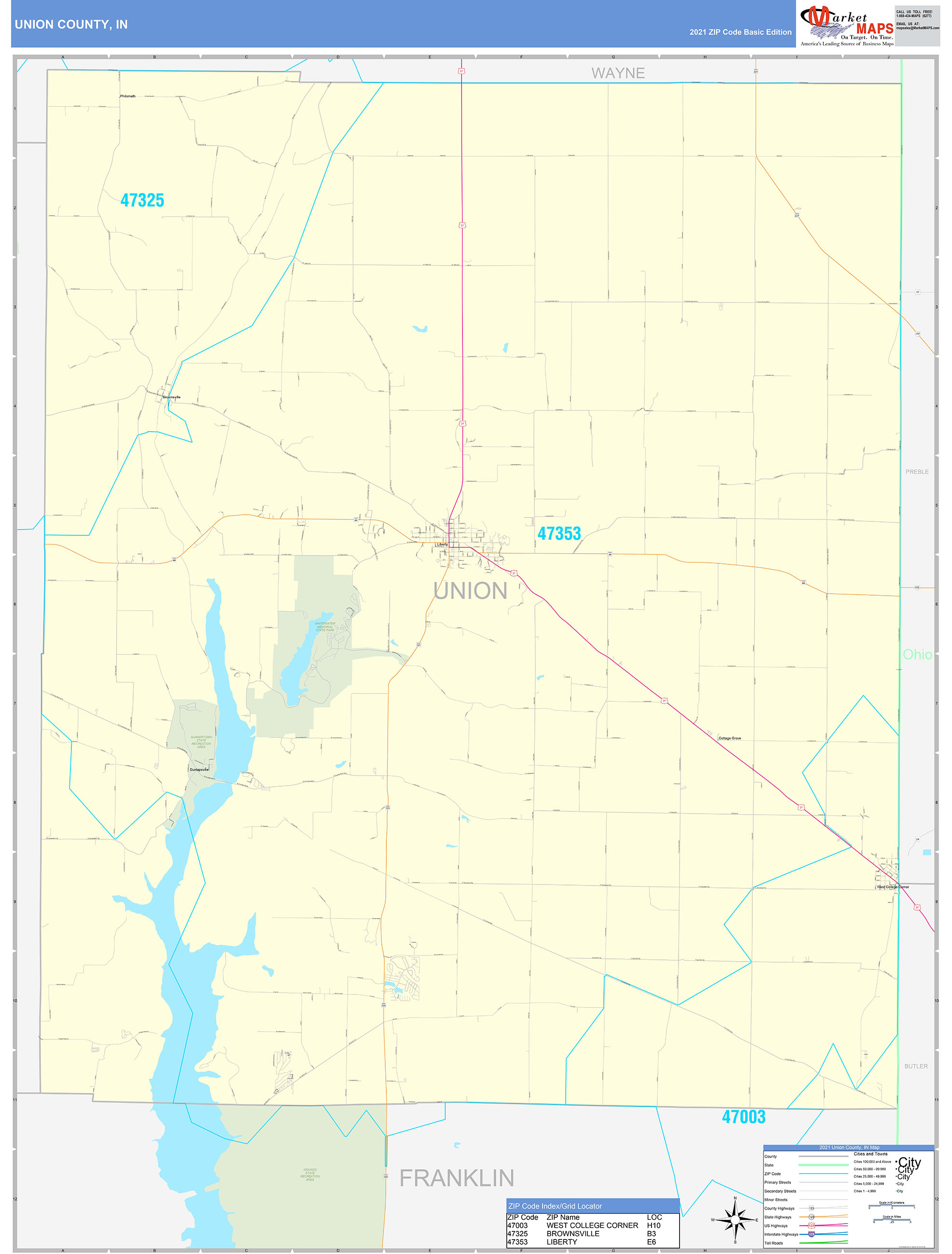 Union County, IN Zip Code Wall Map Basic Style by MarketMAPS