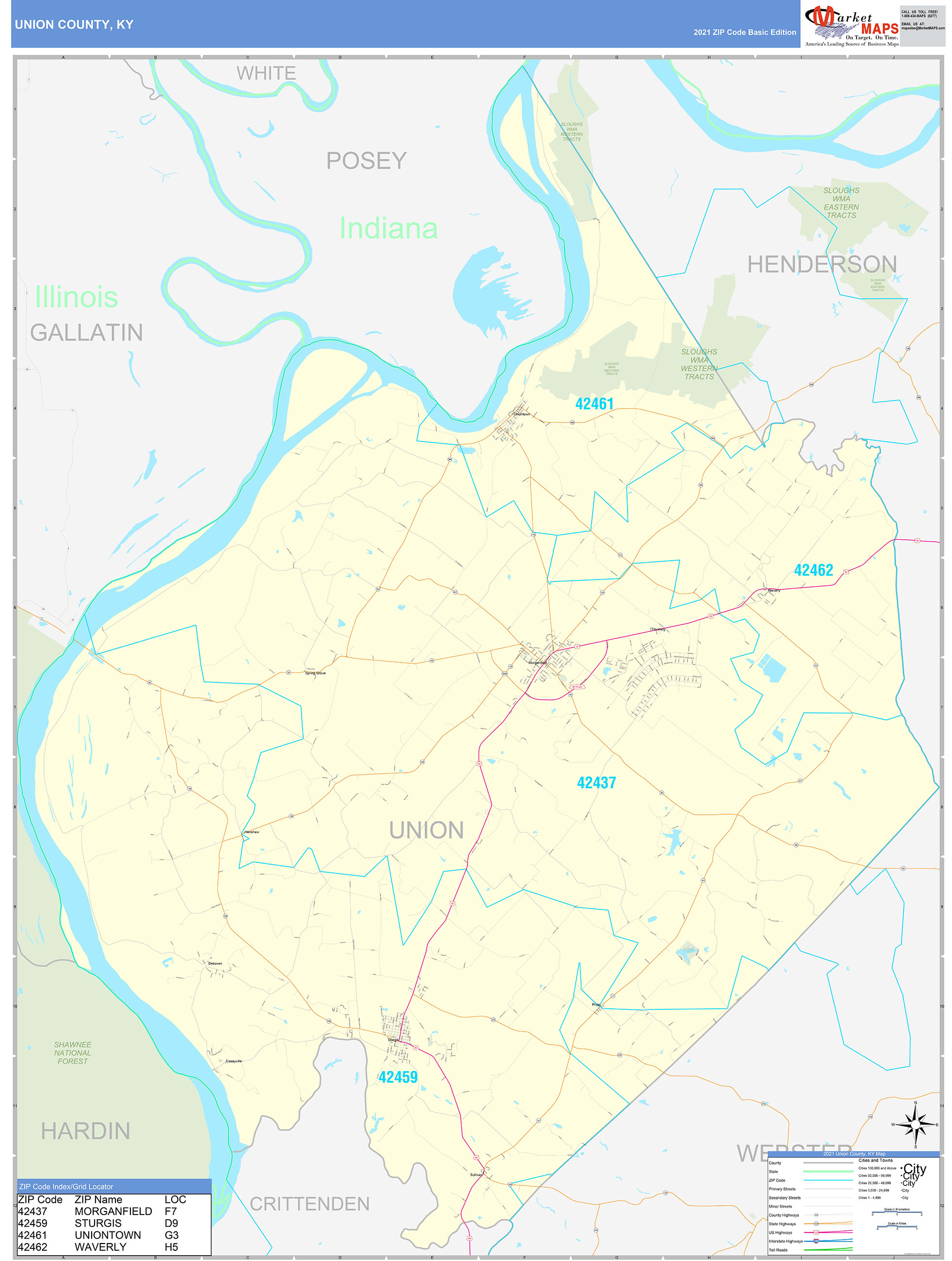 Union County, KY Zip Code Wall Map Basic Style by MarketMAPS MapSales