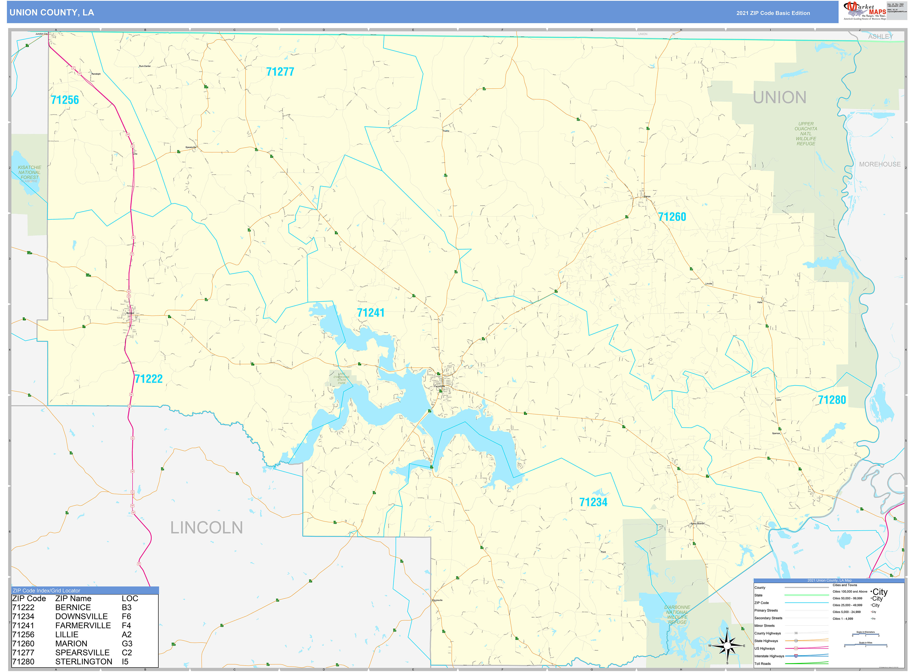 Union County, LA Zip Code Wall Map Basic Style by MarketMAPS MapSales