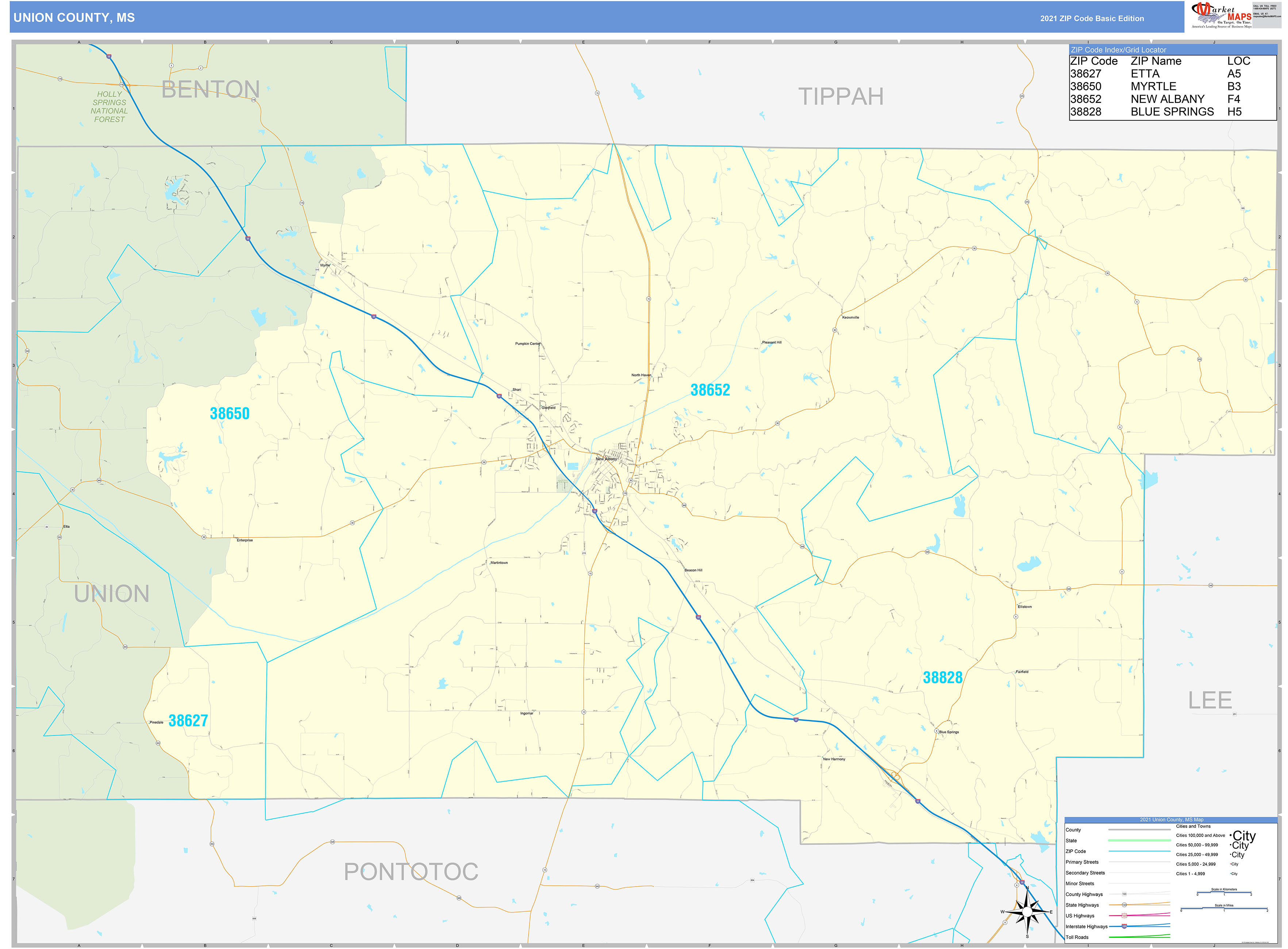 Union County, MS Zip Code Wall Map Basic Style by MarketMAPS MapSales