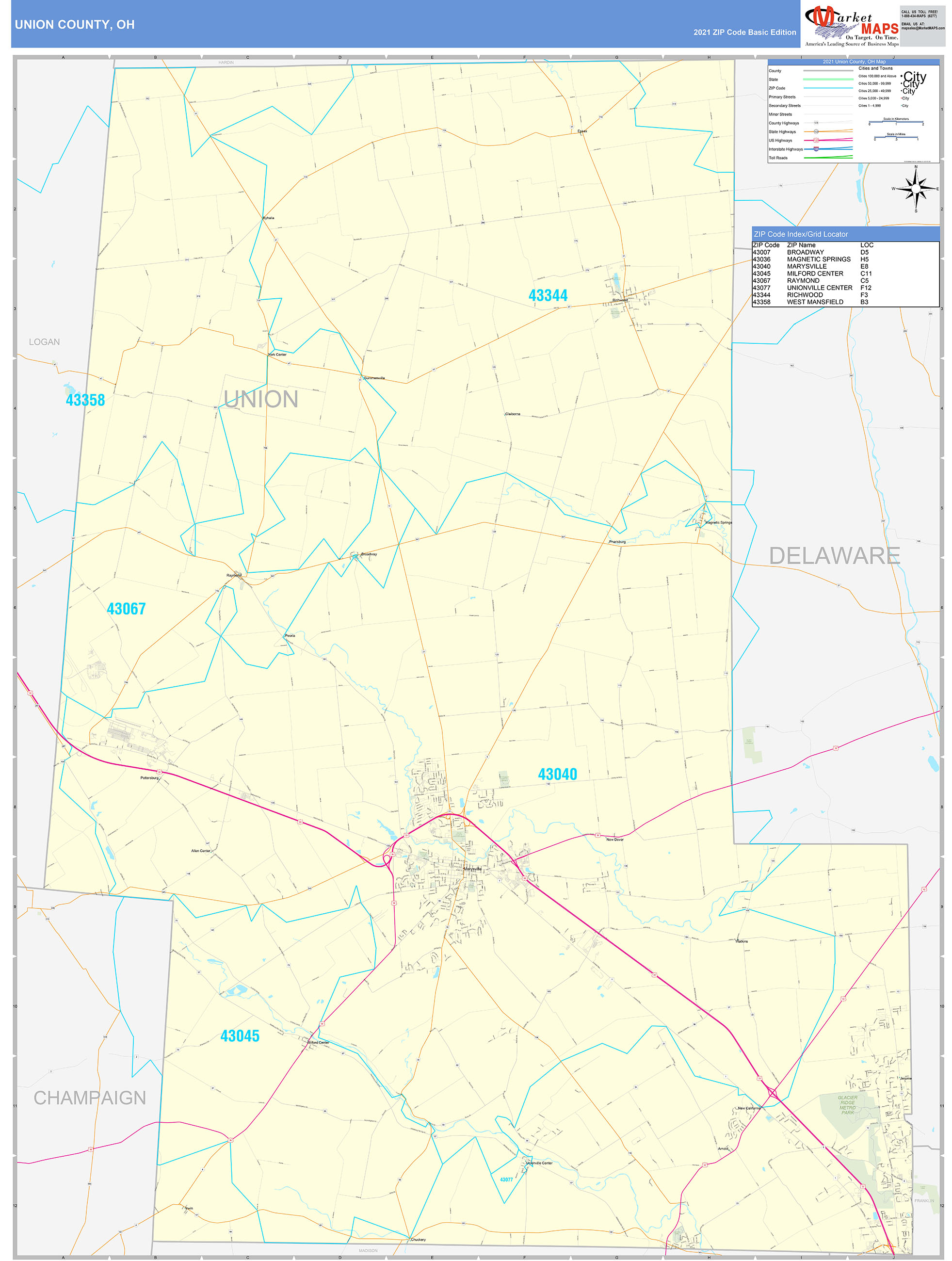 Union County, OH Zip Code Wall Map Basic Style by MarketMAPS