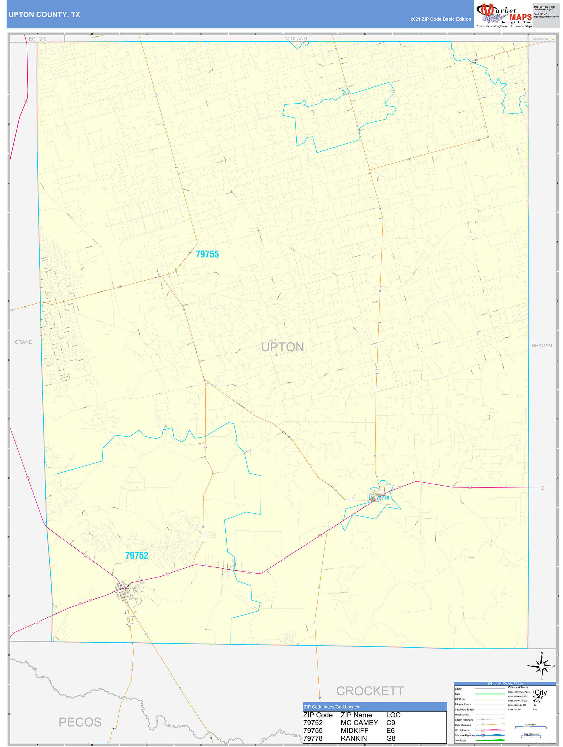 Upton County, TX Zip Code Wall Map Basic Style by MarketMAPS MapSales