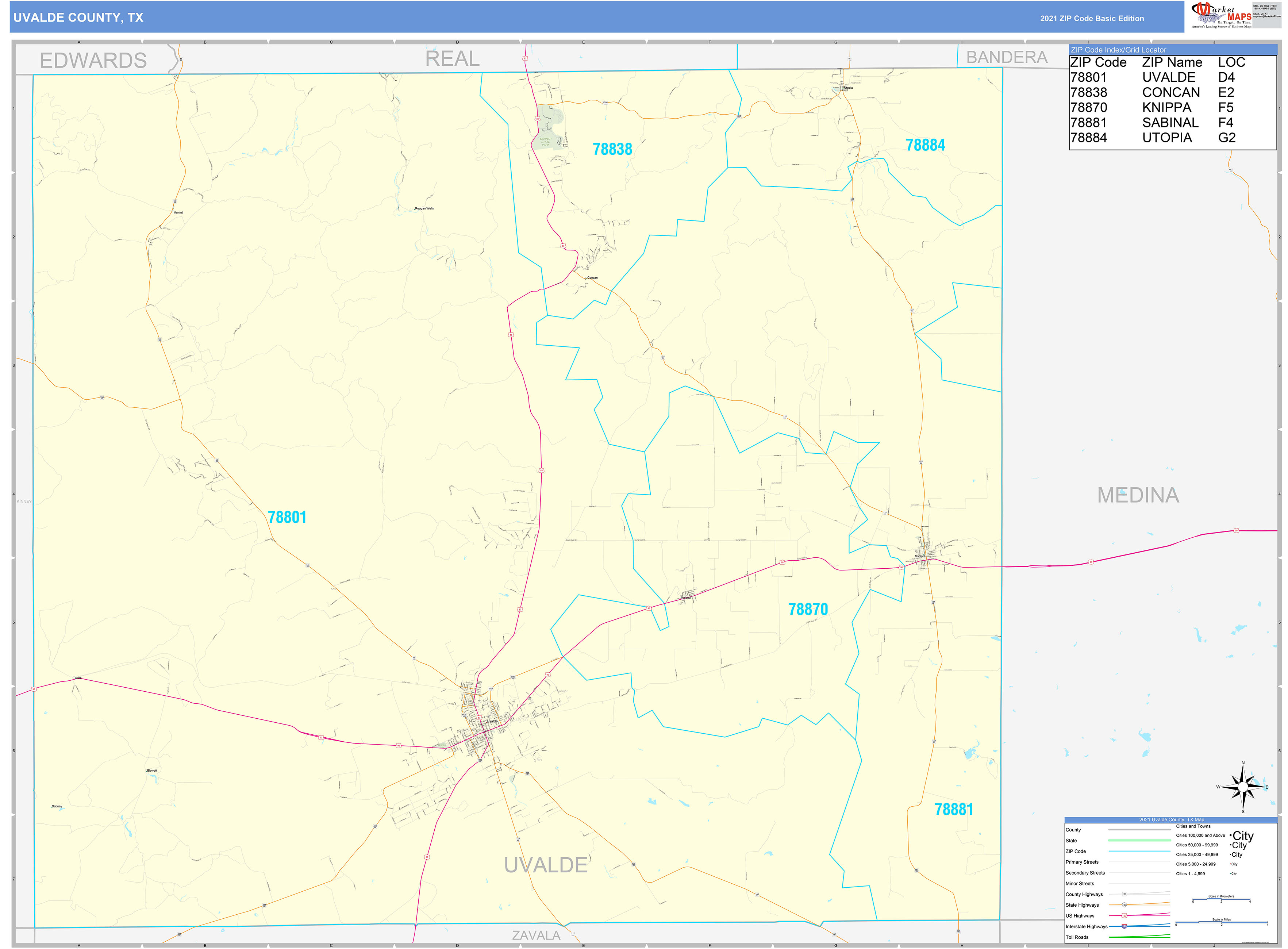 Uvalde County, TX Zip Code Wall Map Basic Style by MarketMAPS MapSales