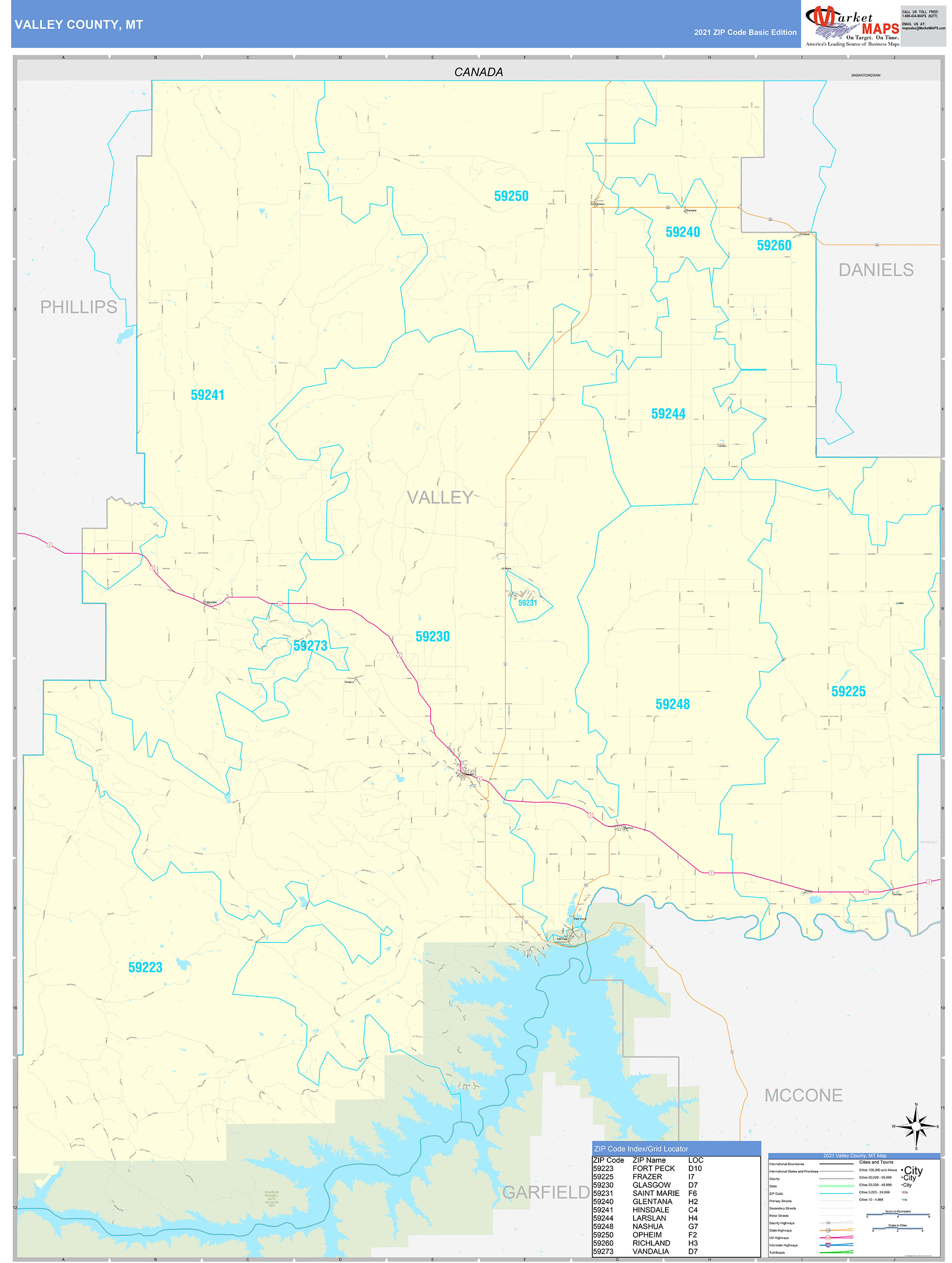 Valley County, MT Zip Code Wall Map Basic Style by MarketMAPS