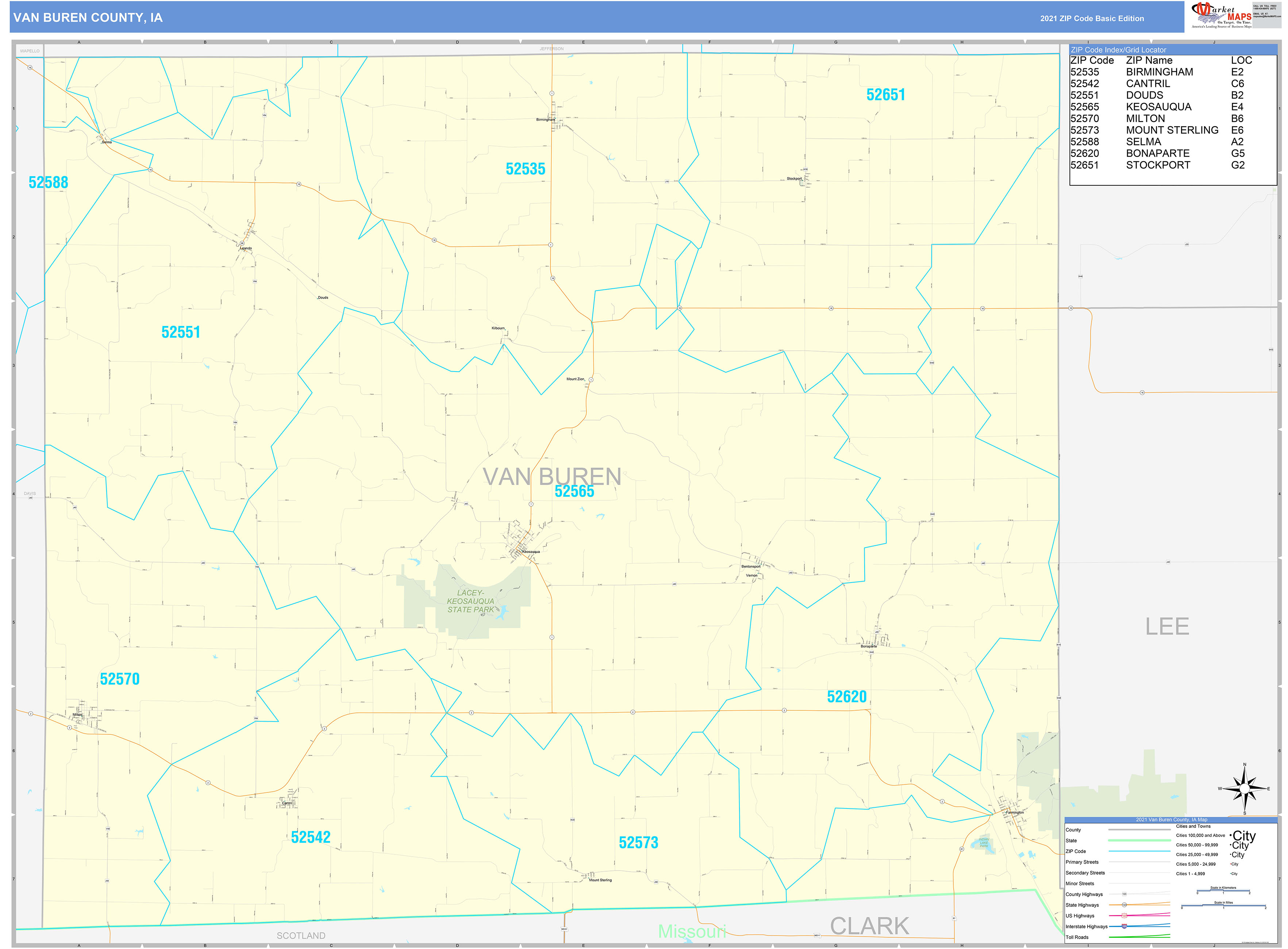 Van Buren County, IA Zip Code Wall Map Basic Style by MarketMAPS MapSales