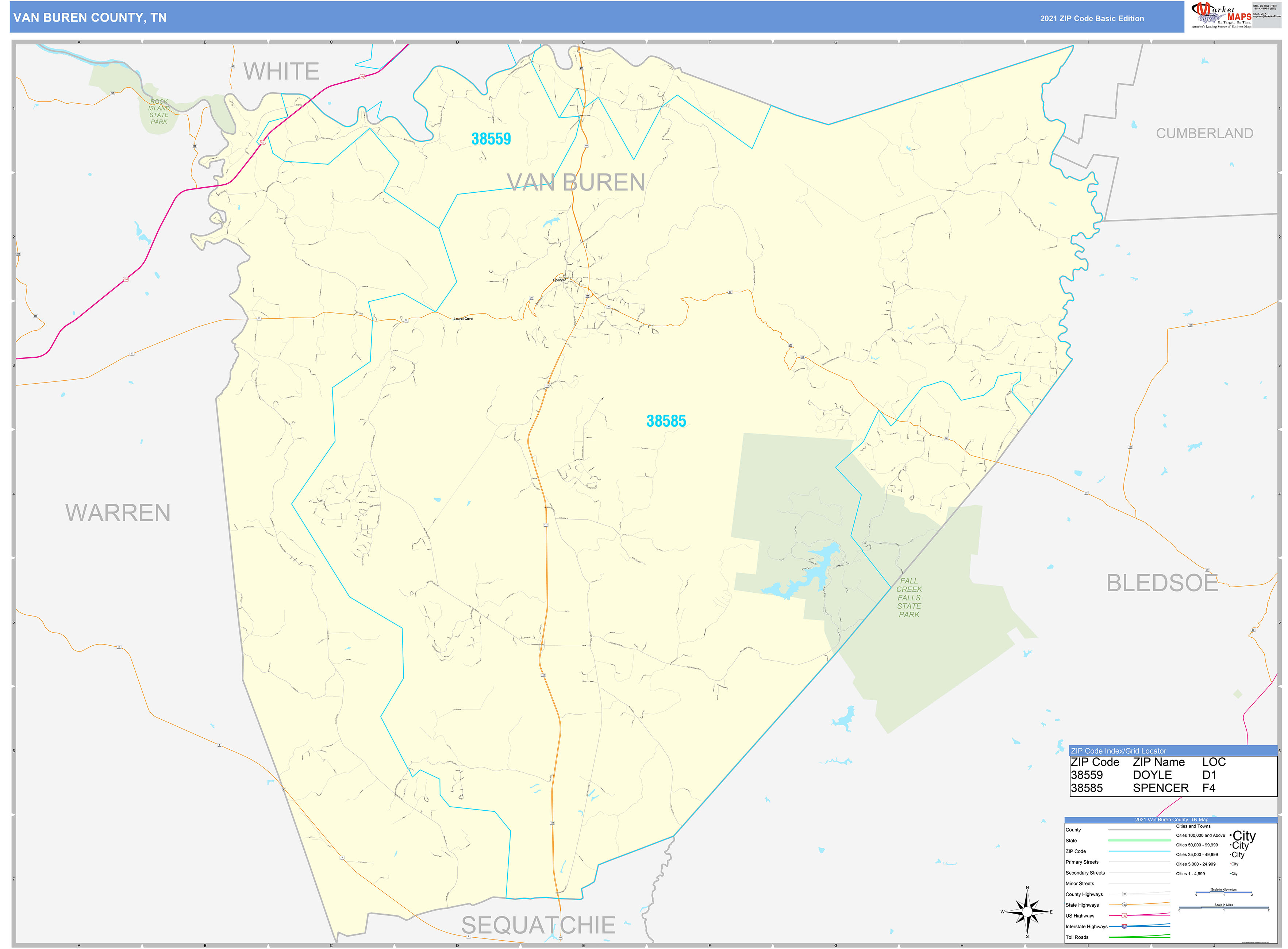 Van Buren County, TN Zip Code Wall Map Basic Style by MarketMAPS MapSales