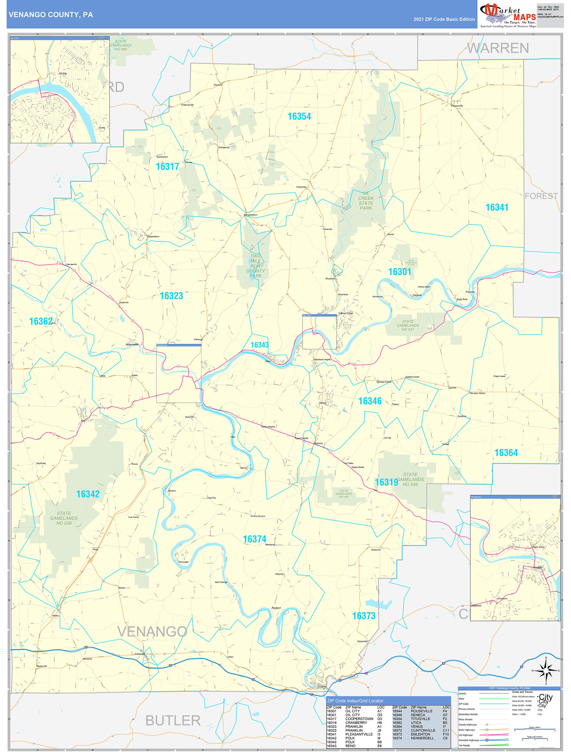 Venango County, PA Zip Code Wall Map Basic Style by MarketMAPS MapSales