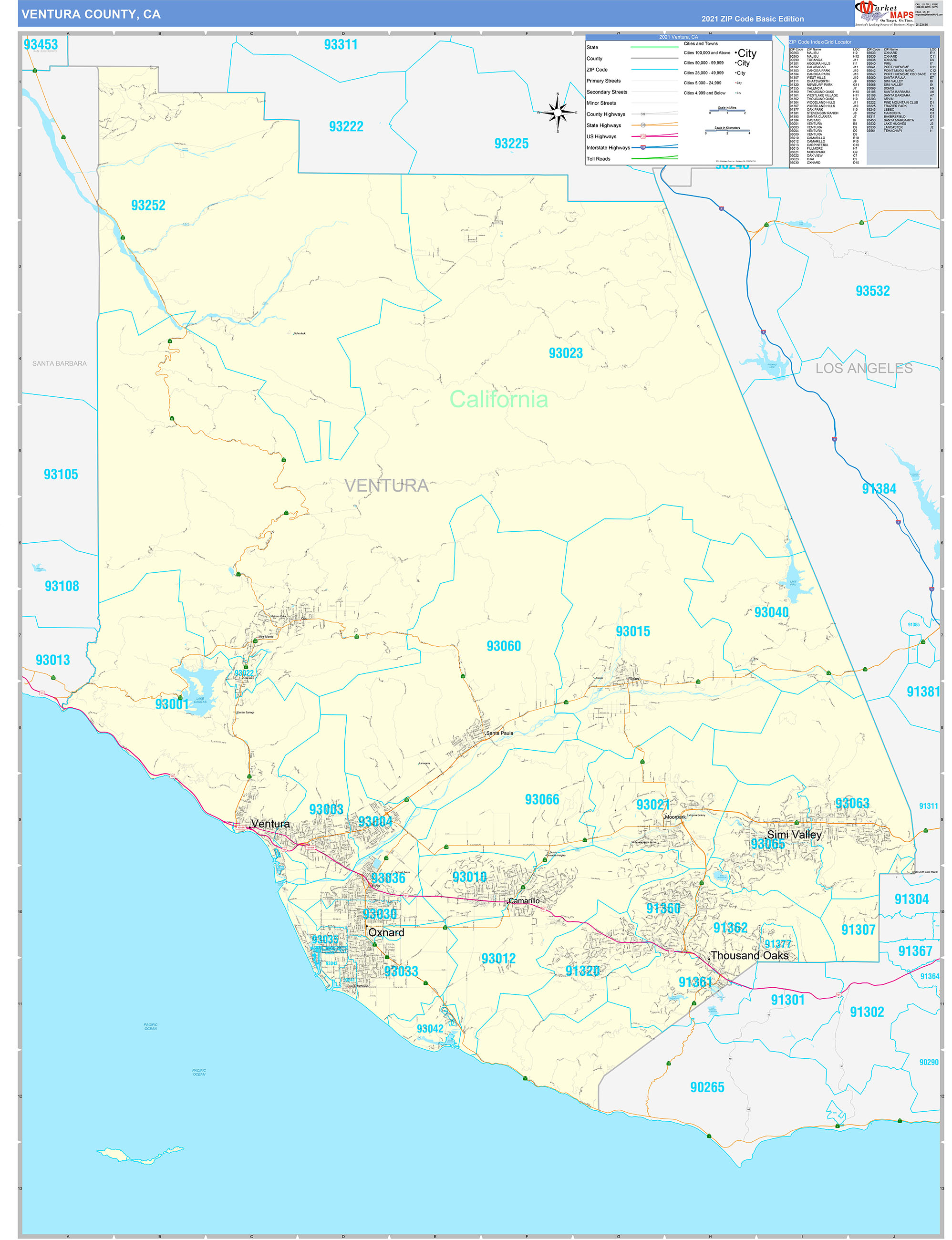 Ventura County, CA Zip Code Wall Map Basic Style by MarketMAPS MapSales