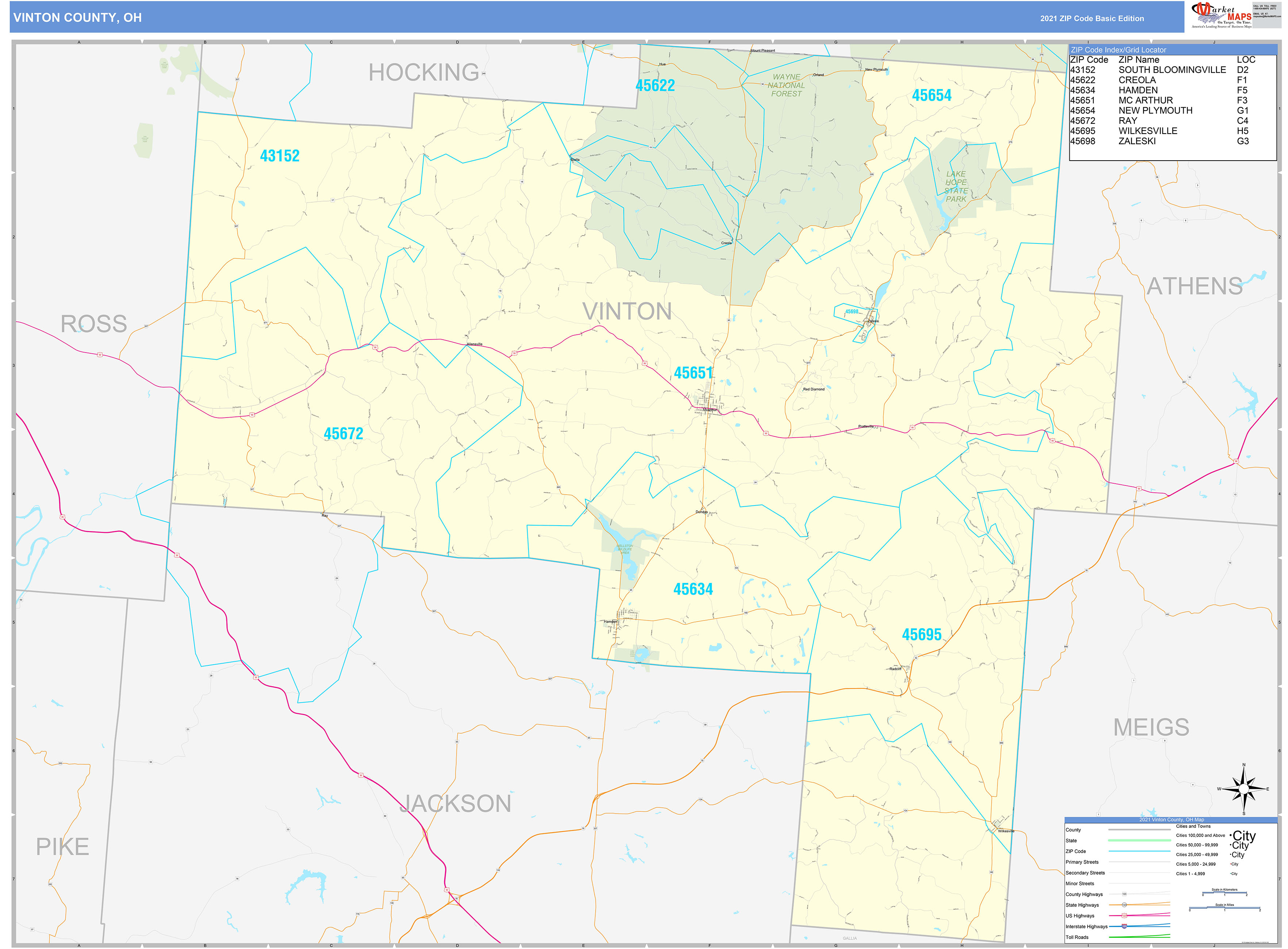 Vinton County Oh Zip Code Wall Map Red Line Style By Marketmaps