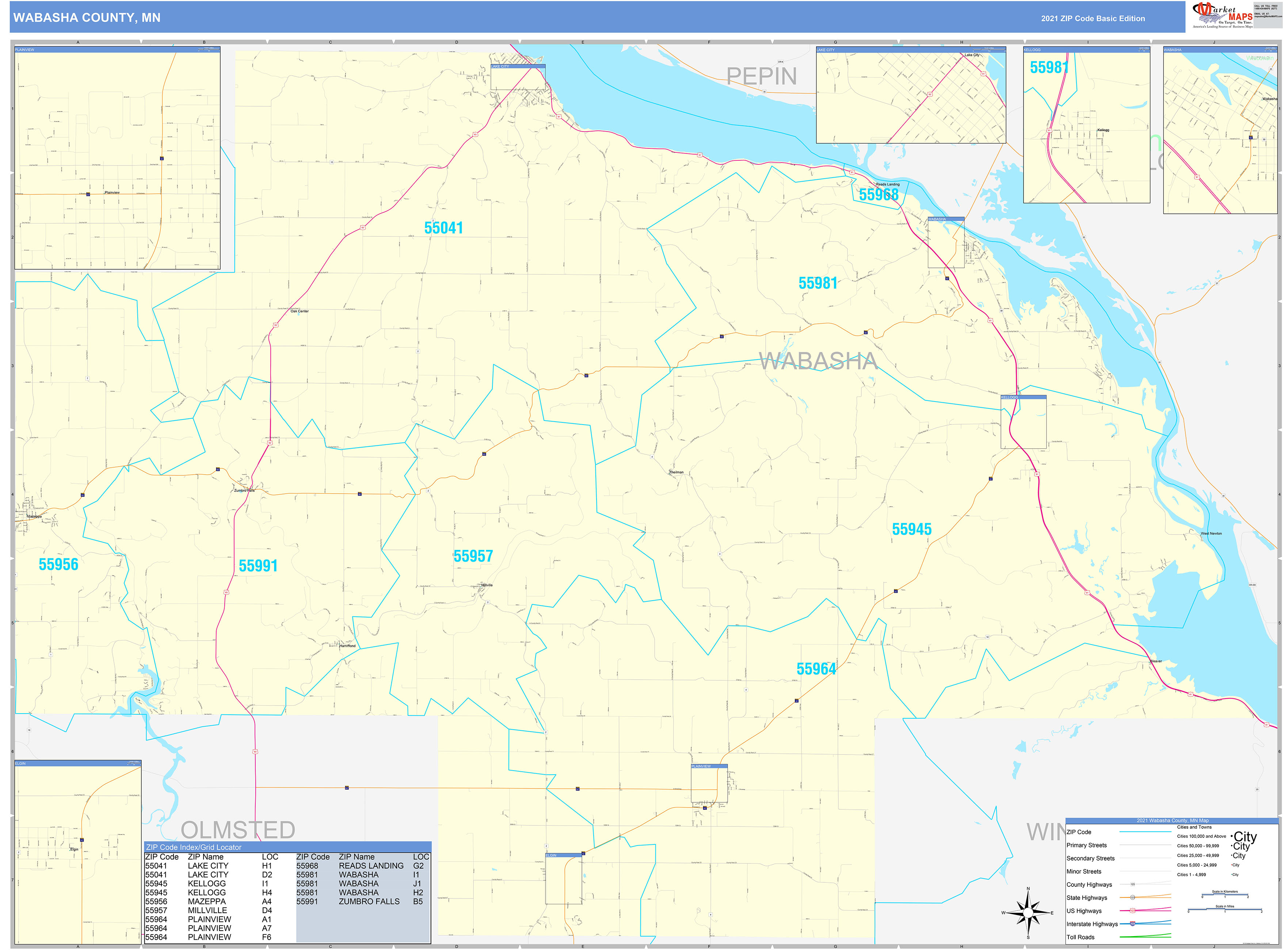 Wabasha County, MN Zip Code Wall Map Basic Style by MarketMAPS MapSales