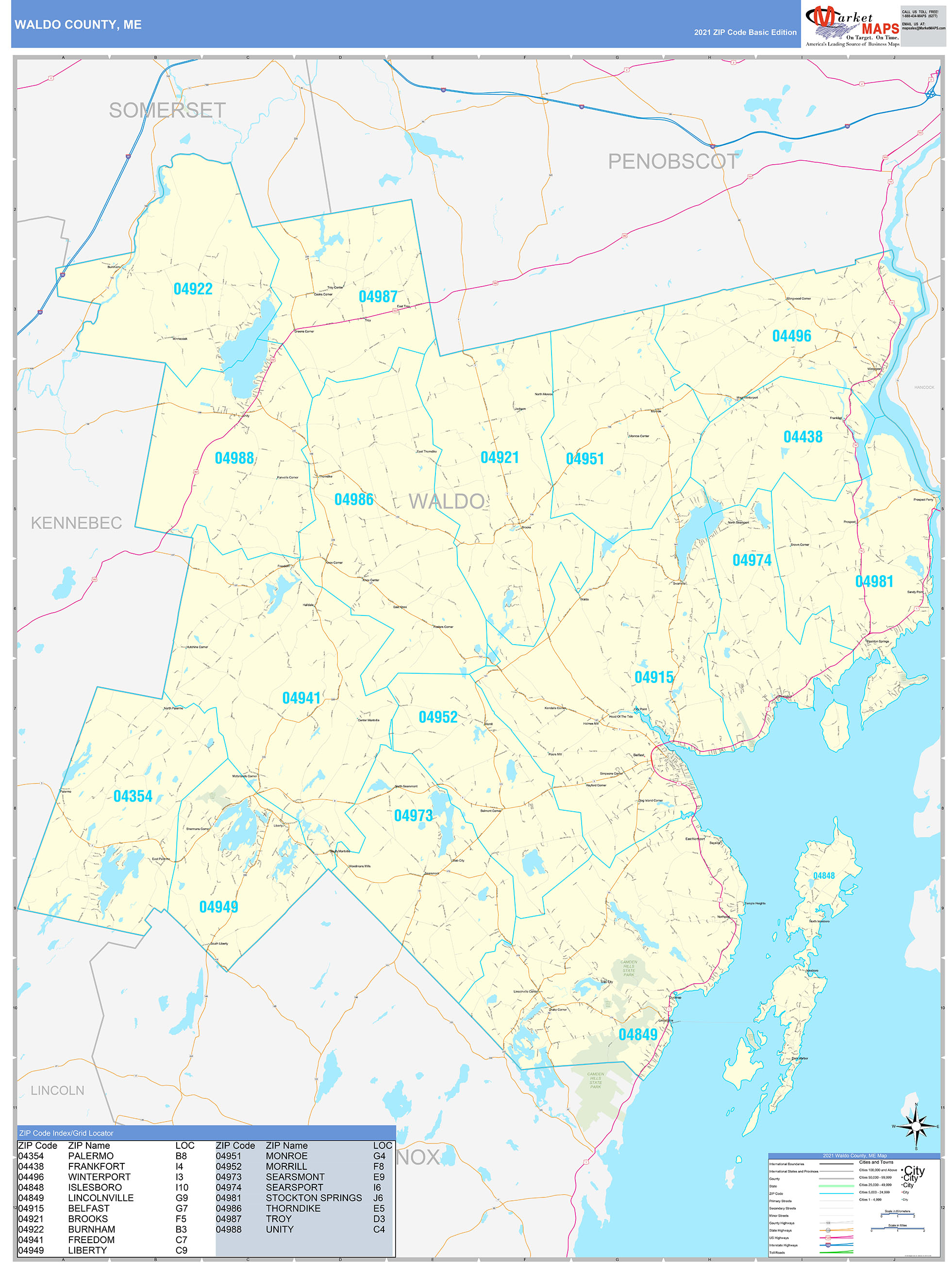 Waldo County, ME Zip Code Wall Map Basic Style by MarketMAPS MapSales