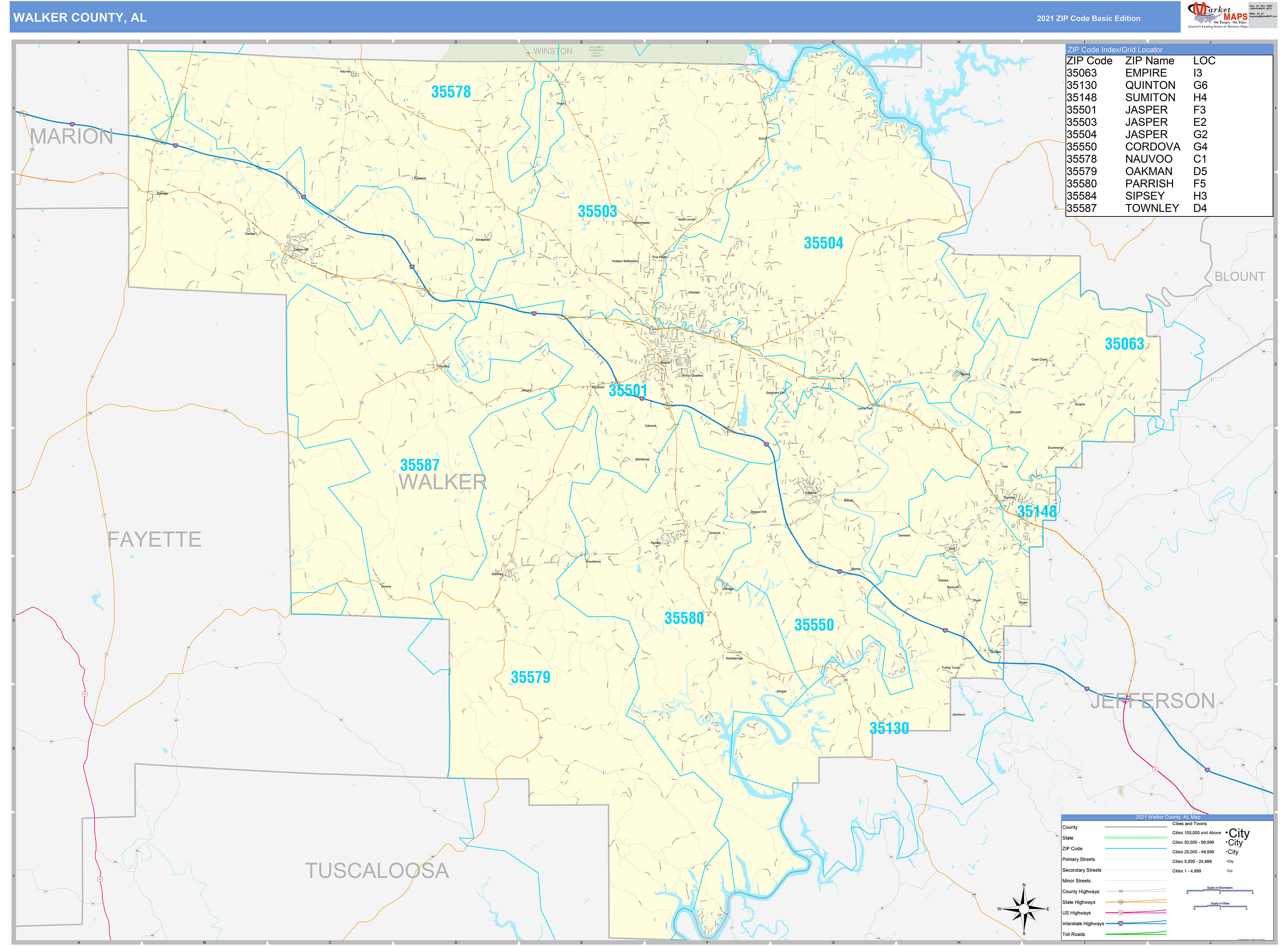 Walker County, AL Zip Code Wall Map Basic Style by MarketMAPS MapSales