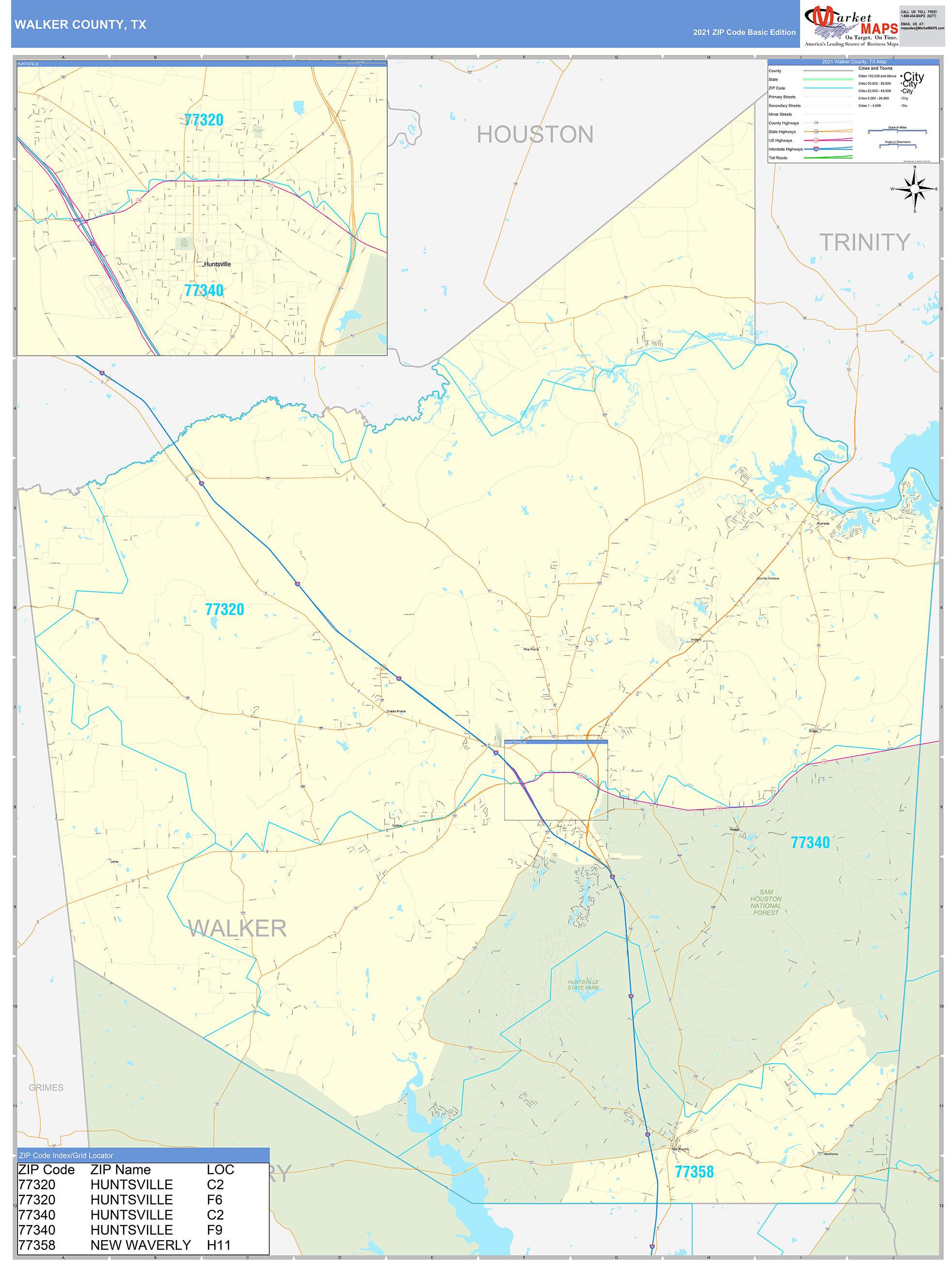 Walker County, TX Zip Code Wall Map Basic Style by MarketMAPS MapSales