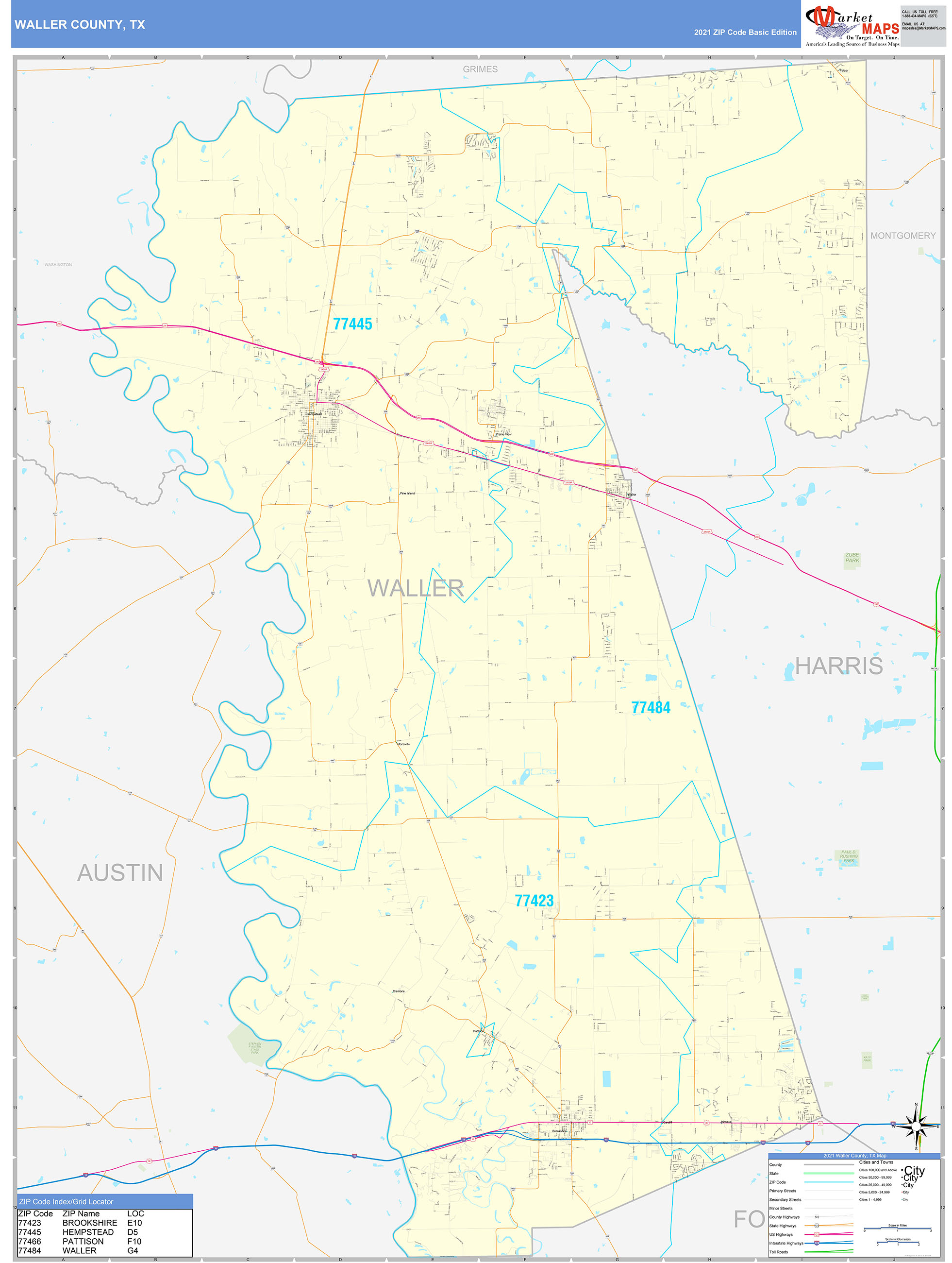 Waller County, TX Zip Code Wall Map Basic Style by MarketMAPS