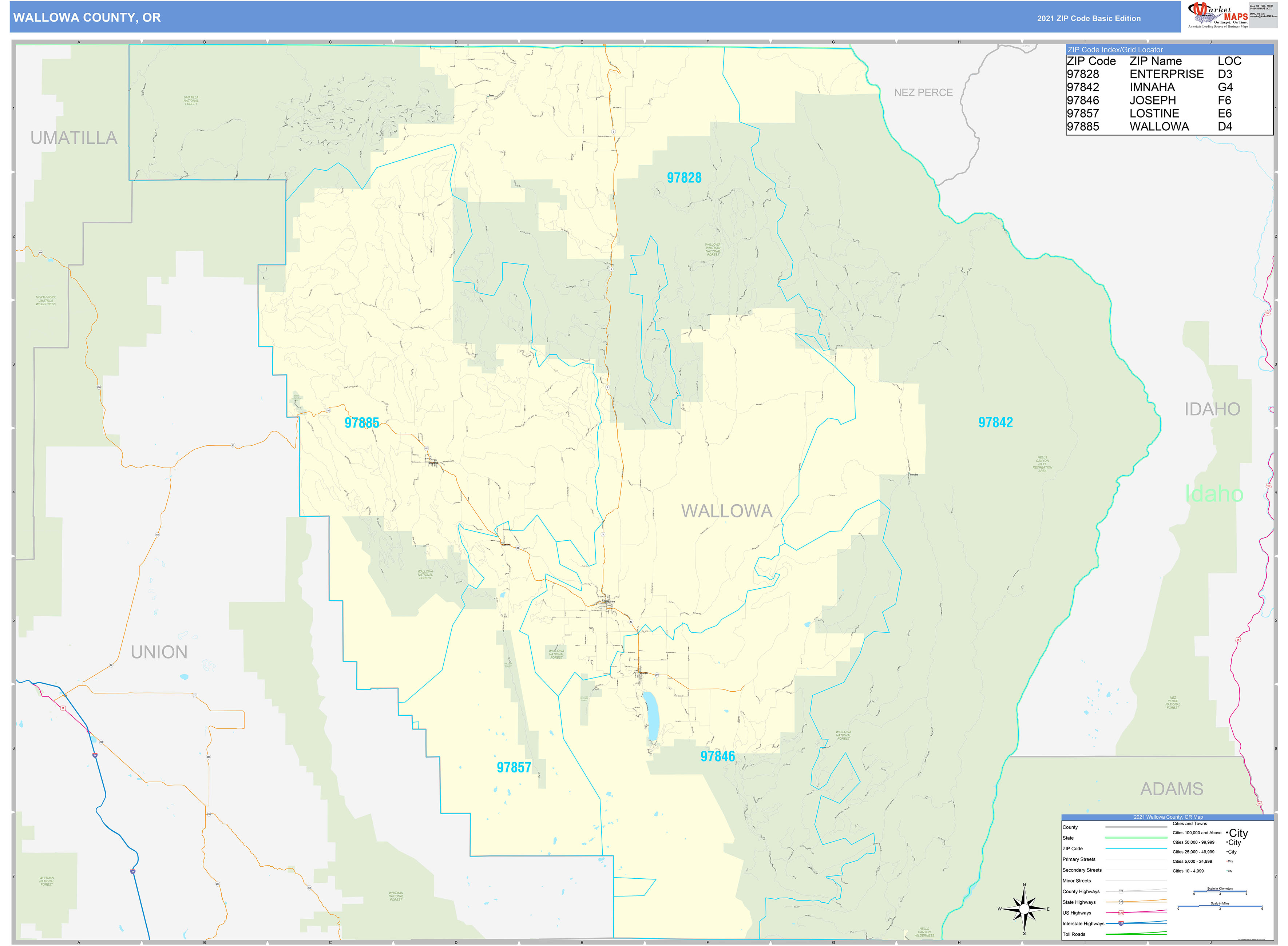 Wallowa County, OR Zip Code Wall Map Basic Style by MarketMAPS MapSales