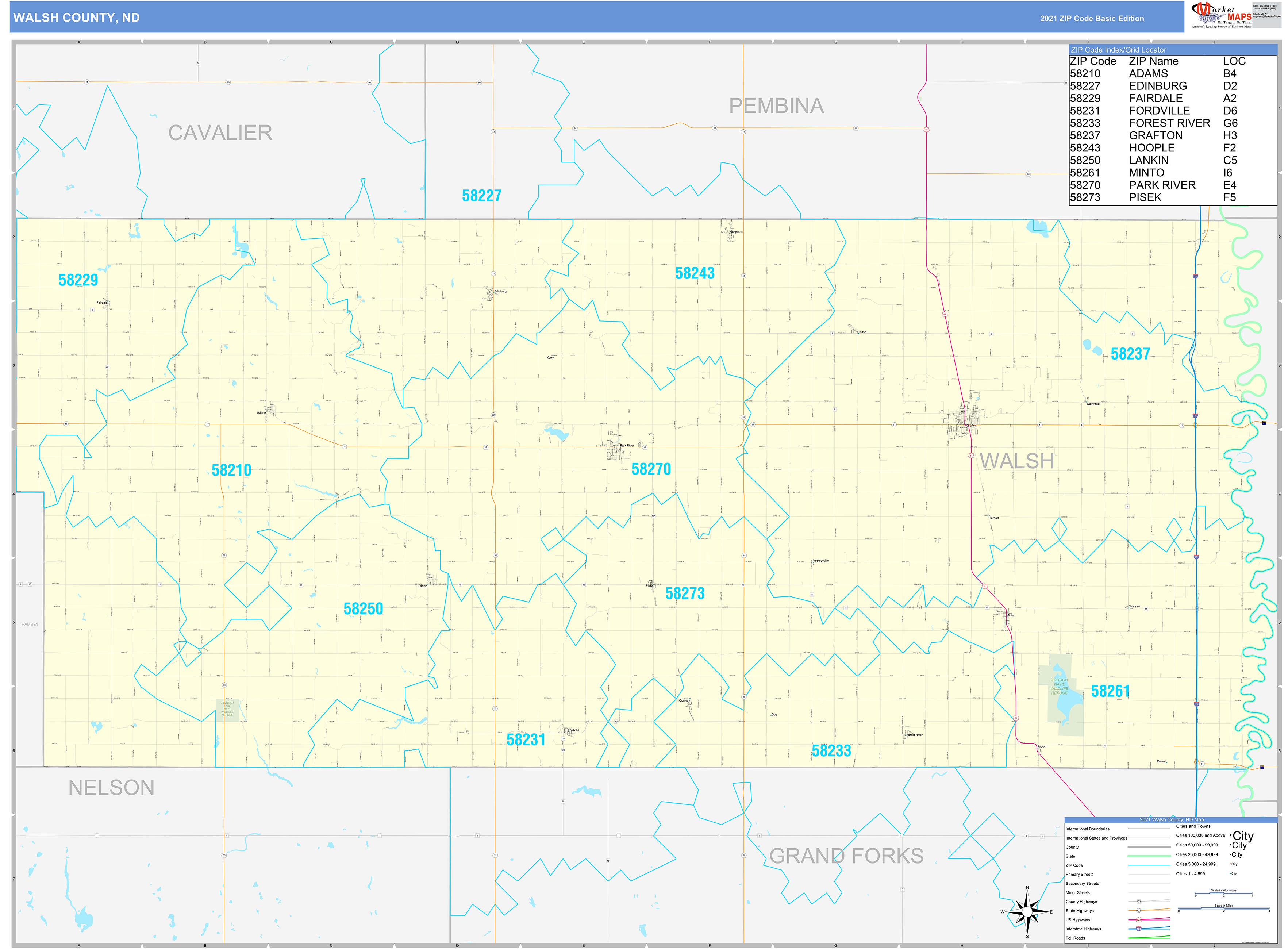 Walsh County, ND Zip Code Wall Map Basic Style by MarketMAPS MapSales
