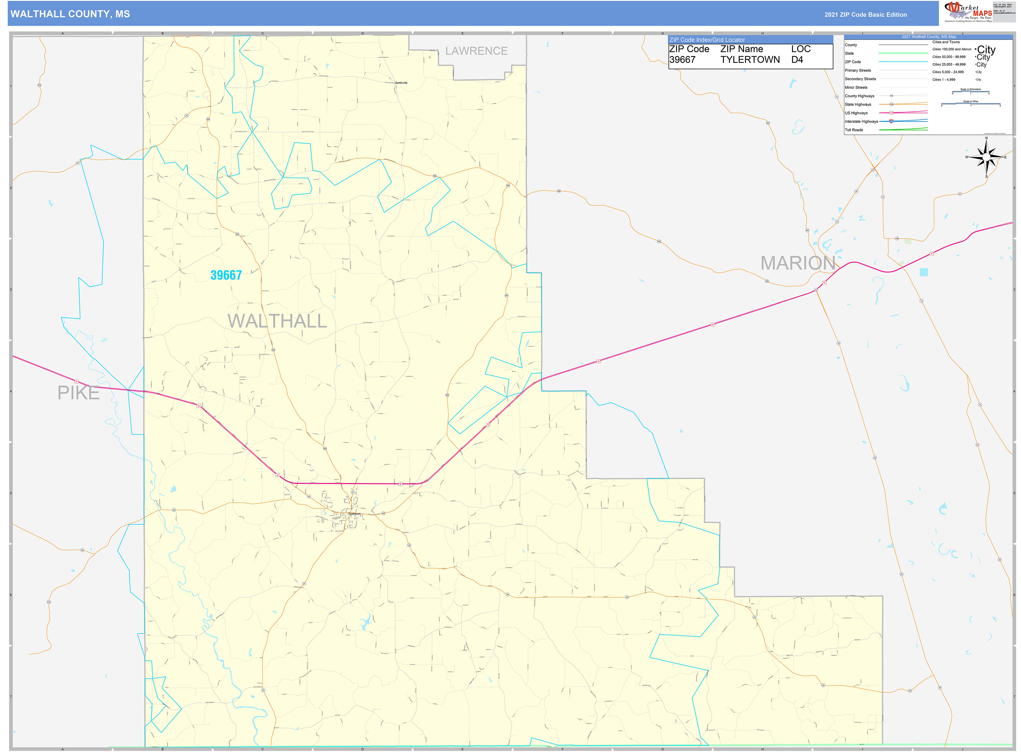 Walthall County, MS Zip Code Wall Map Basic Style by MarketMAPS MapSales