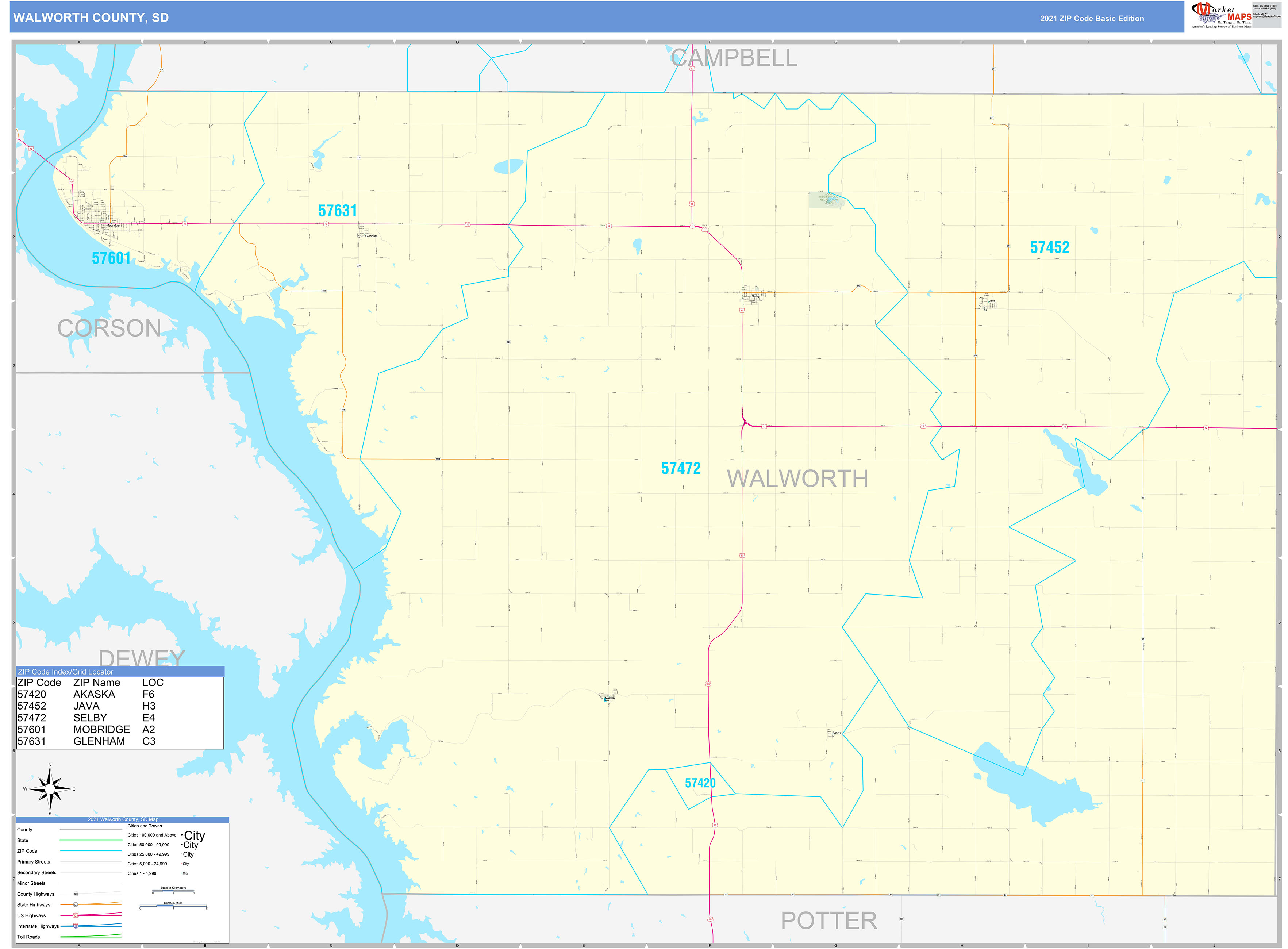 Walworth County, SD Zip Code Wall Map Basic Style by MarketMAPS