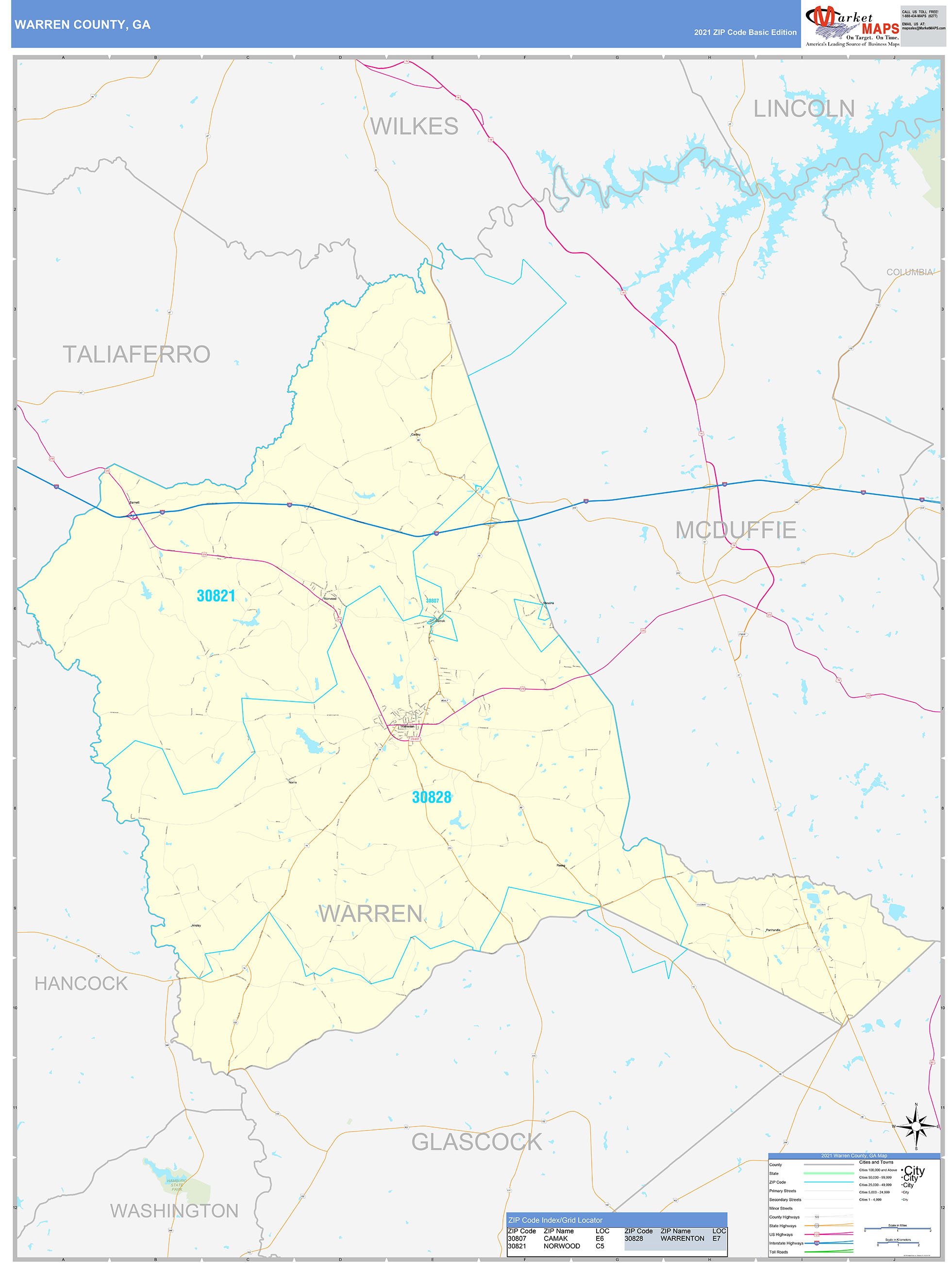 Warren County, GA Zip Code Wall Map Basic Style by MarketMAPS