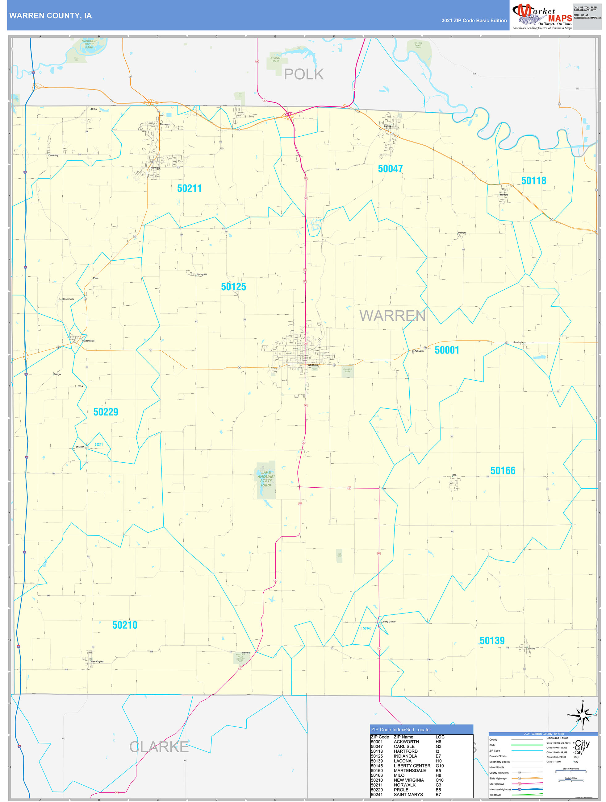 Warren County, IA Zip Code Wall Map Basic Style by MarketMAPS