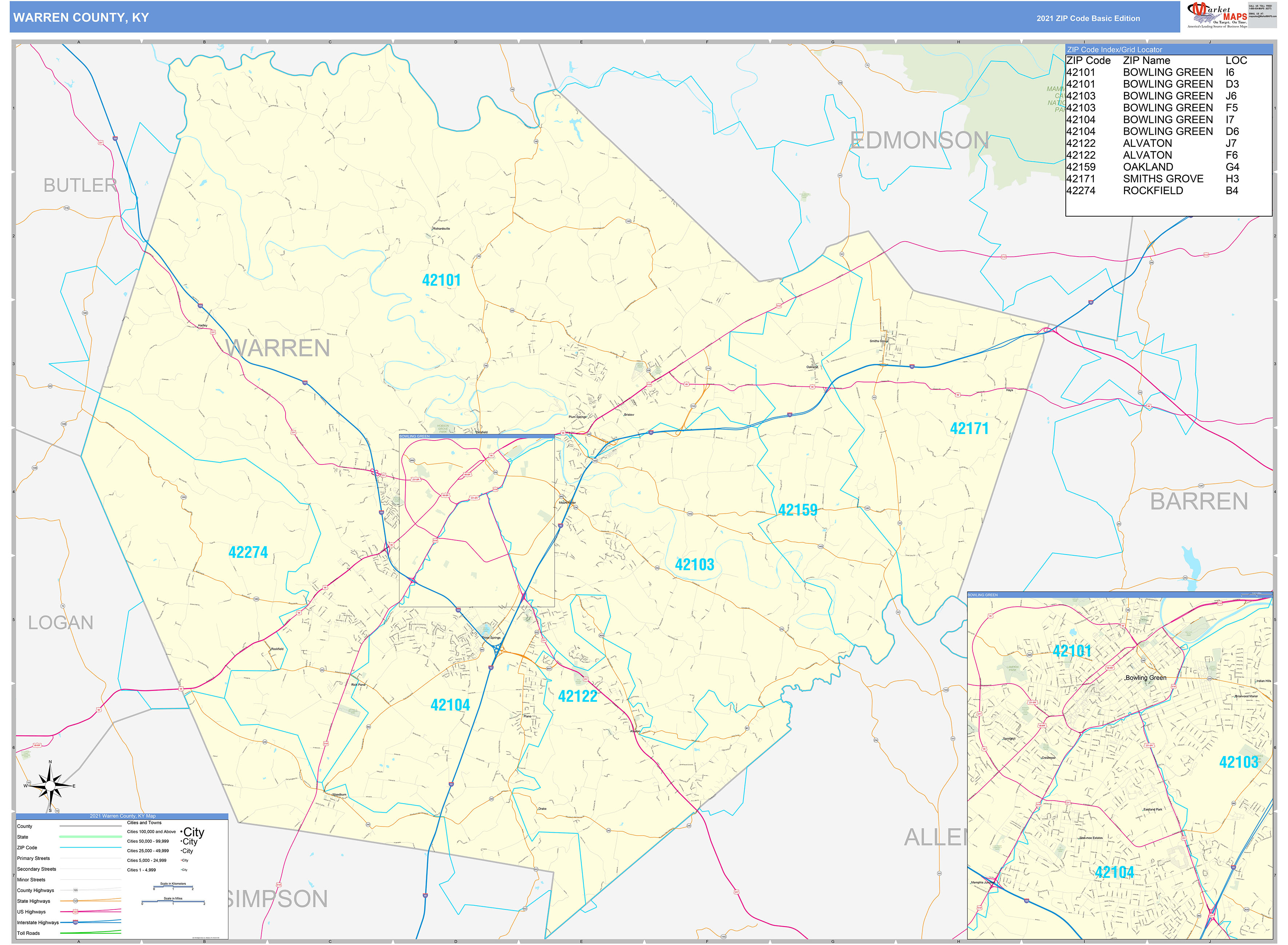 Warren County, KY Zip Code Wall Map Basic Style by MarketMAPS MapSales