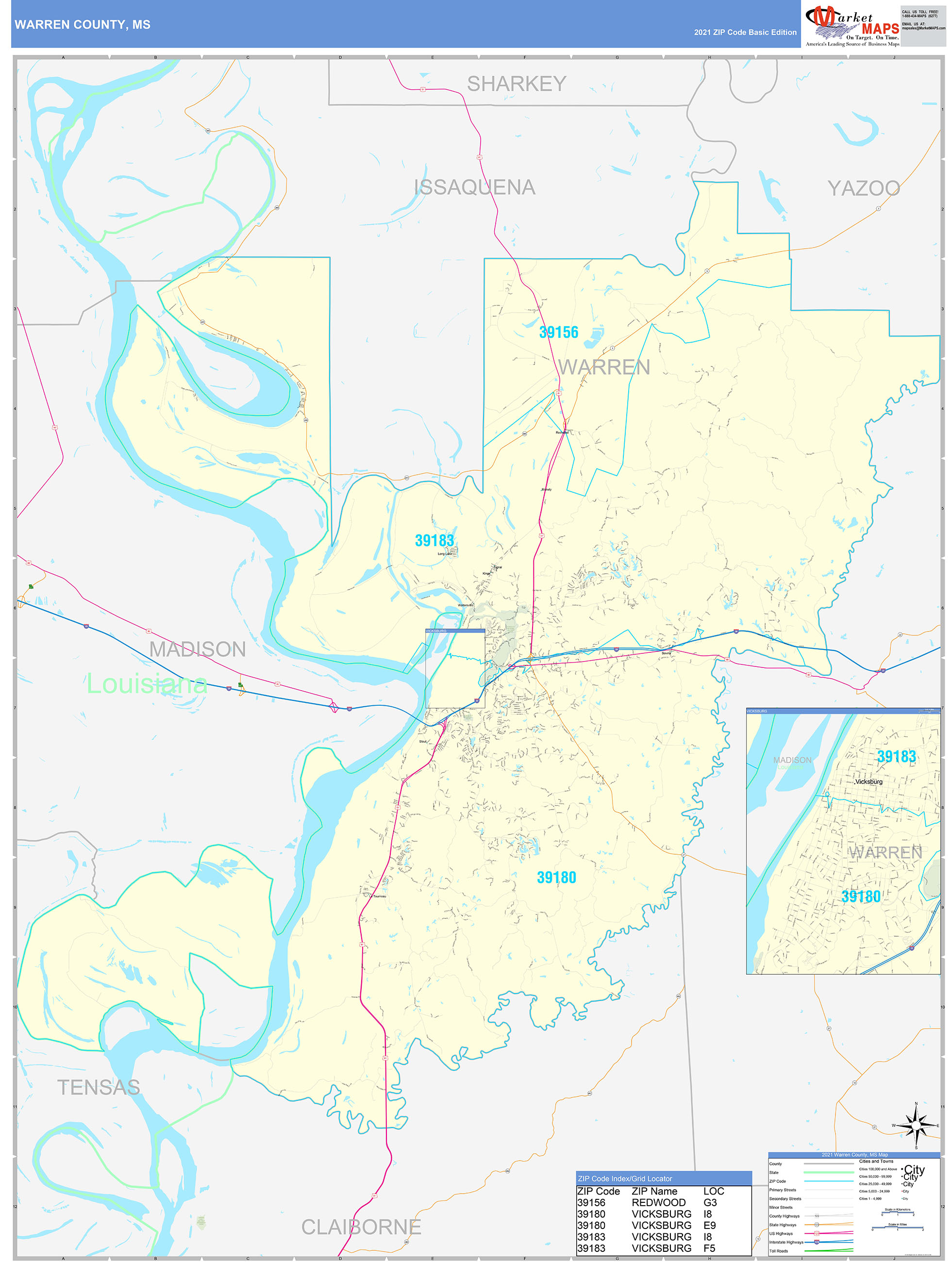 Warren County, MS Zip Code Wall Map Basic Style by MarketMAPS MapSales