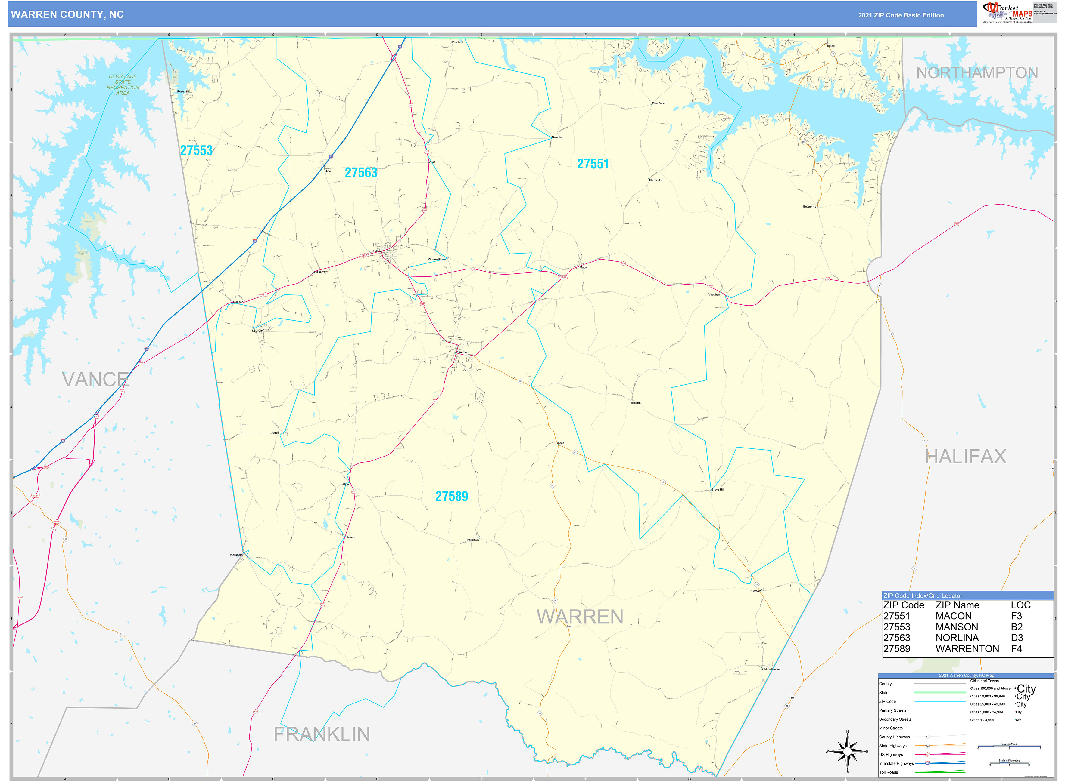 Warren County, NC Zip Code Wall Map Basic Style by MarketMAPS MapSales