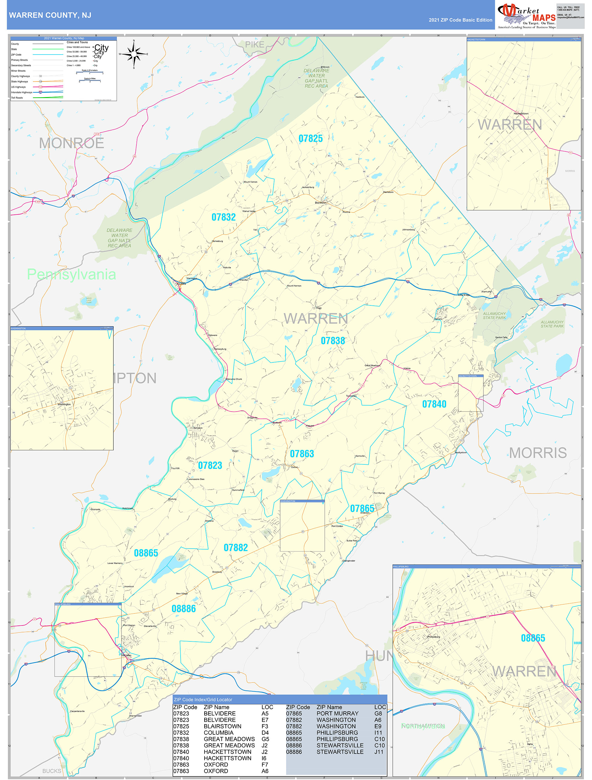 Warren County, NJ Zip Code Wall Map Basic Style by MarketMAPS MapSales