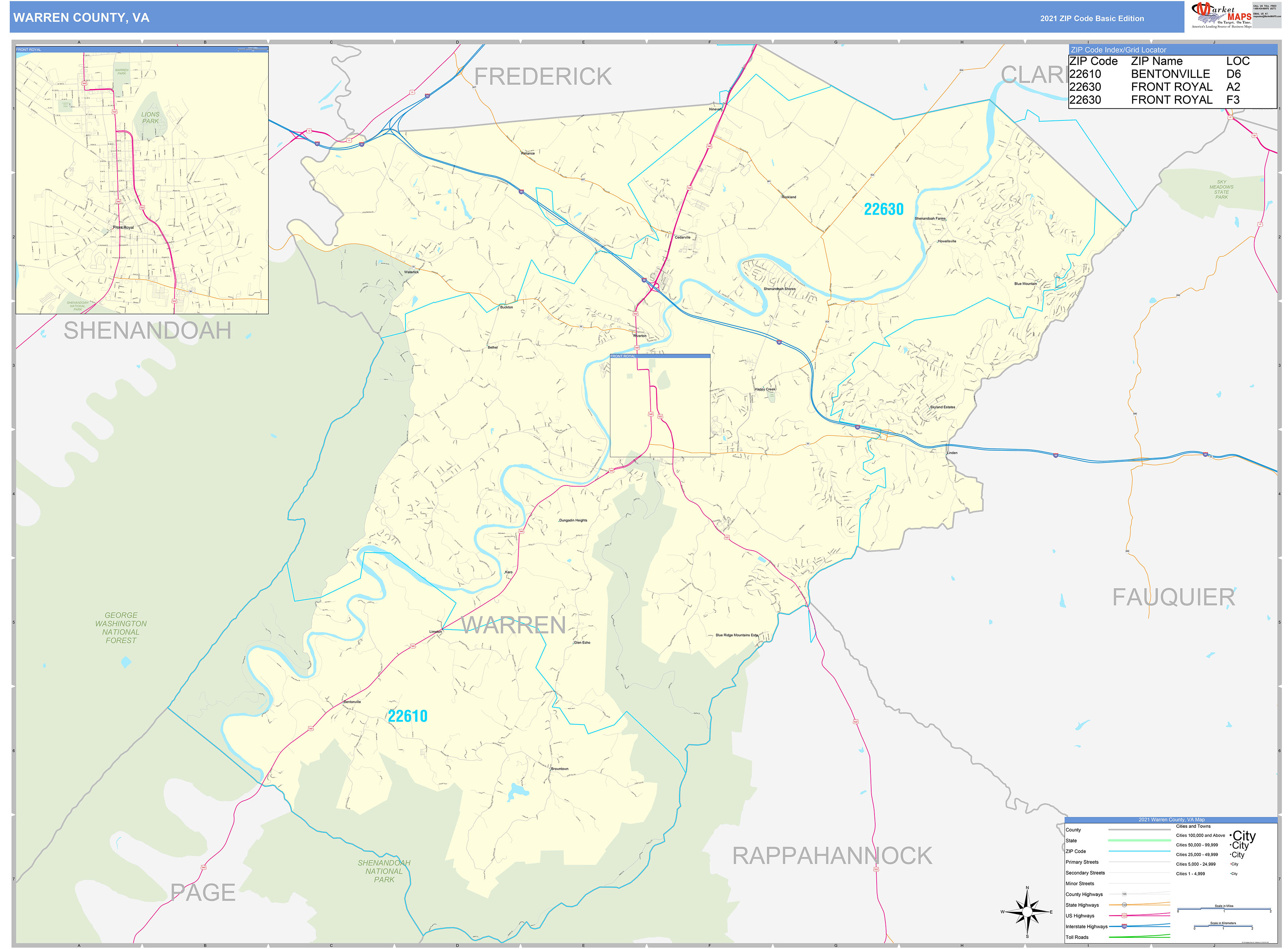 Warren County, VA Zip Code Wall Map Basic Style by MarketMAPS MapSales