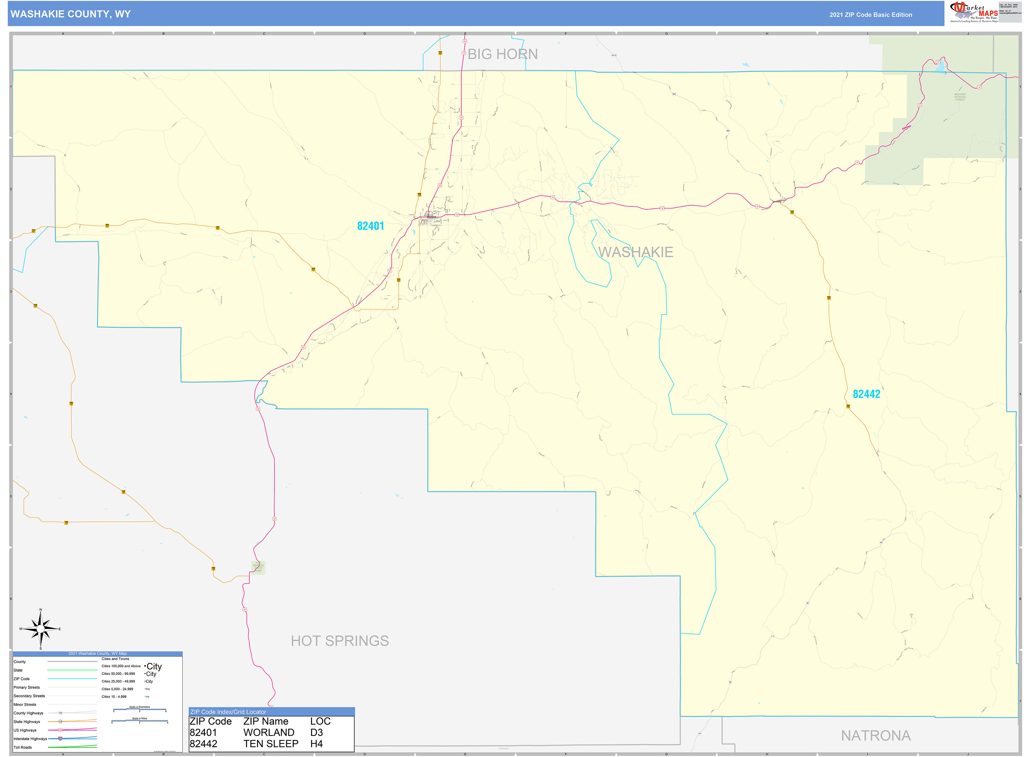 Washakie County, WY Zip Code Wall Map Basic Style by MarketMAPS MapSales