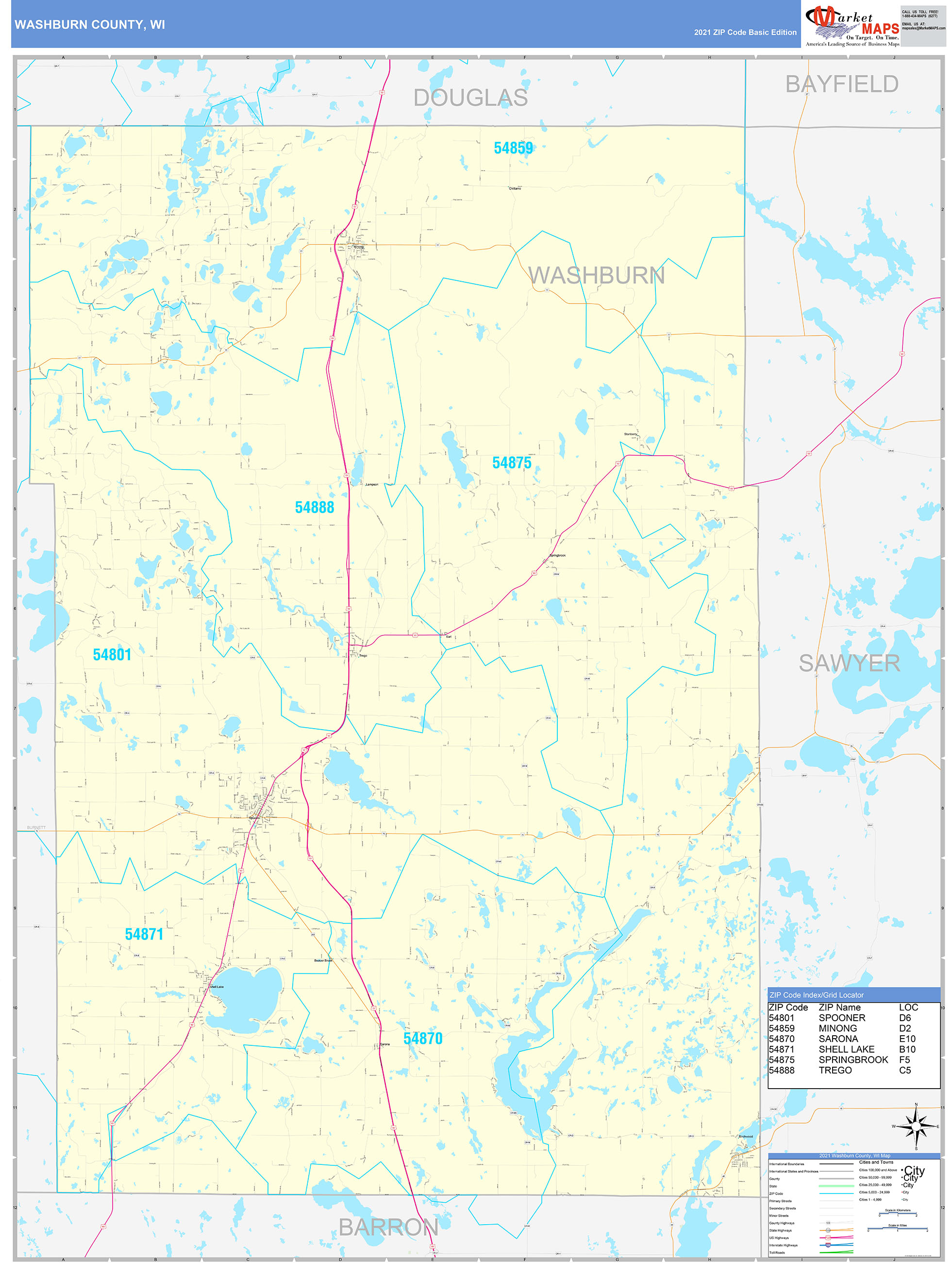 Washburn County, WI Zip Code Wall Map Basic Style by MarketMAPS MapSales