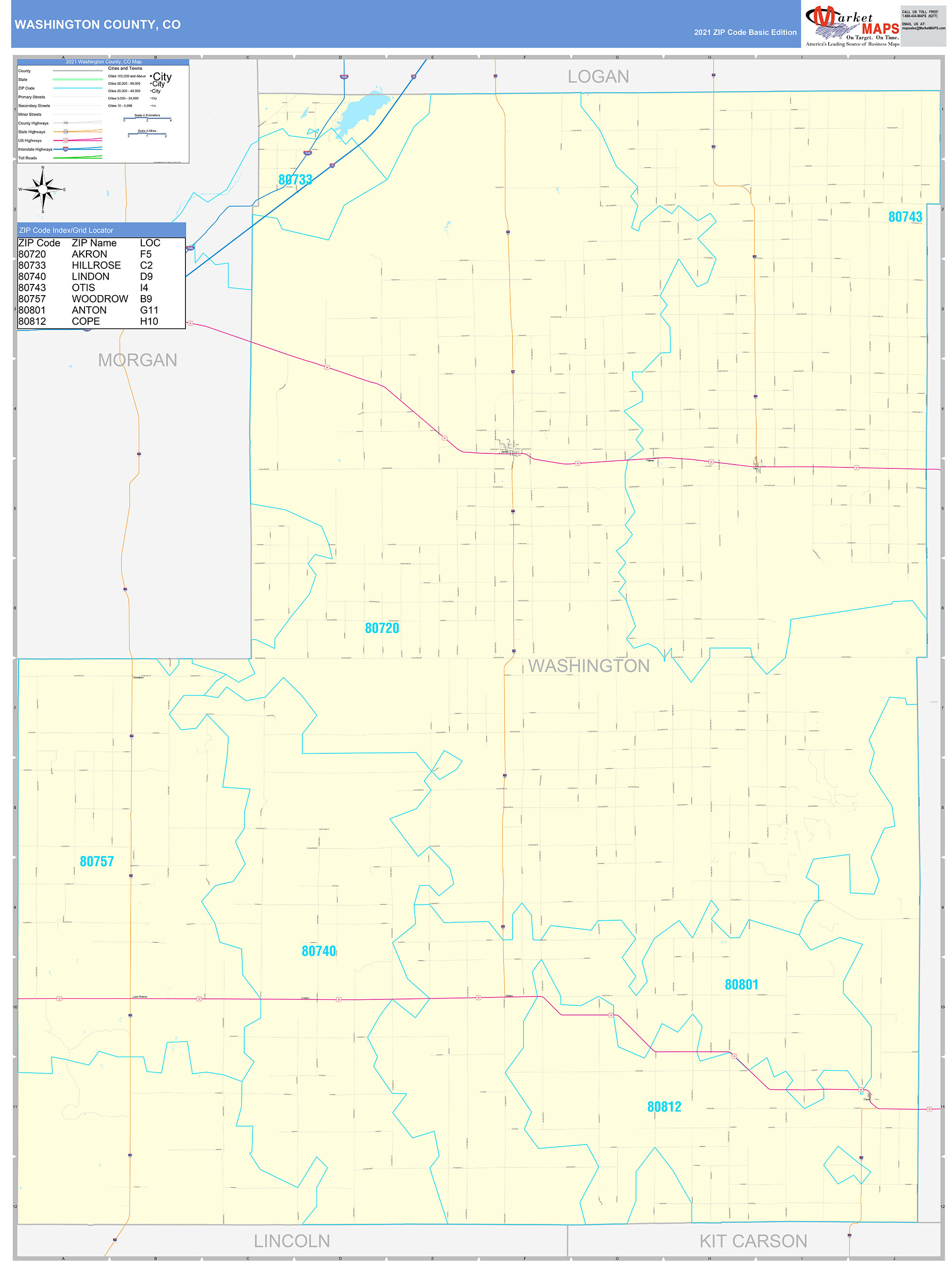 Washington County, CO Zip Code Wall Map Basic Style by MarketMAPS
