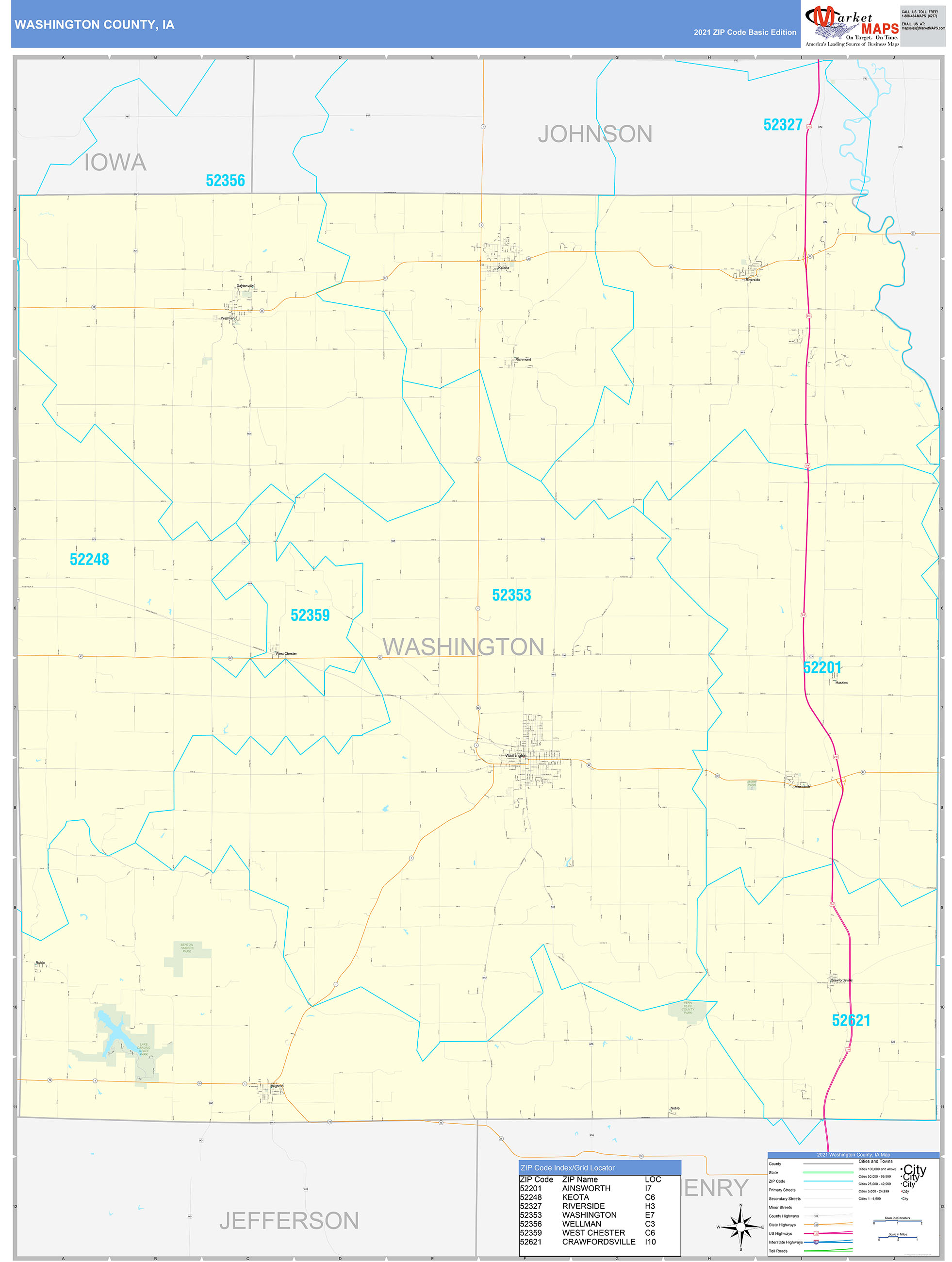 Washington County, IA Zip Code Wall Map Basic Style by MarketMAPS