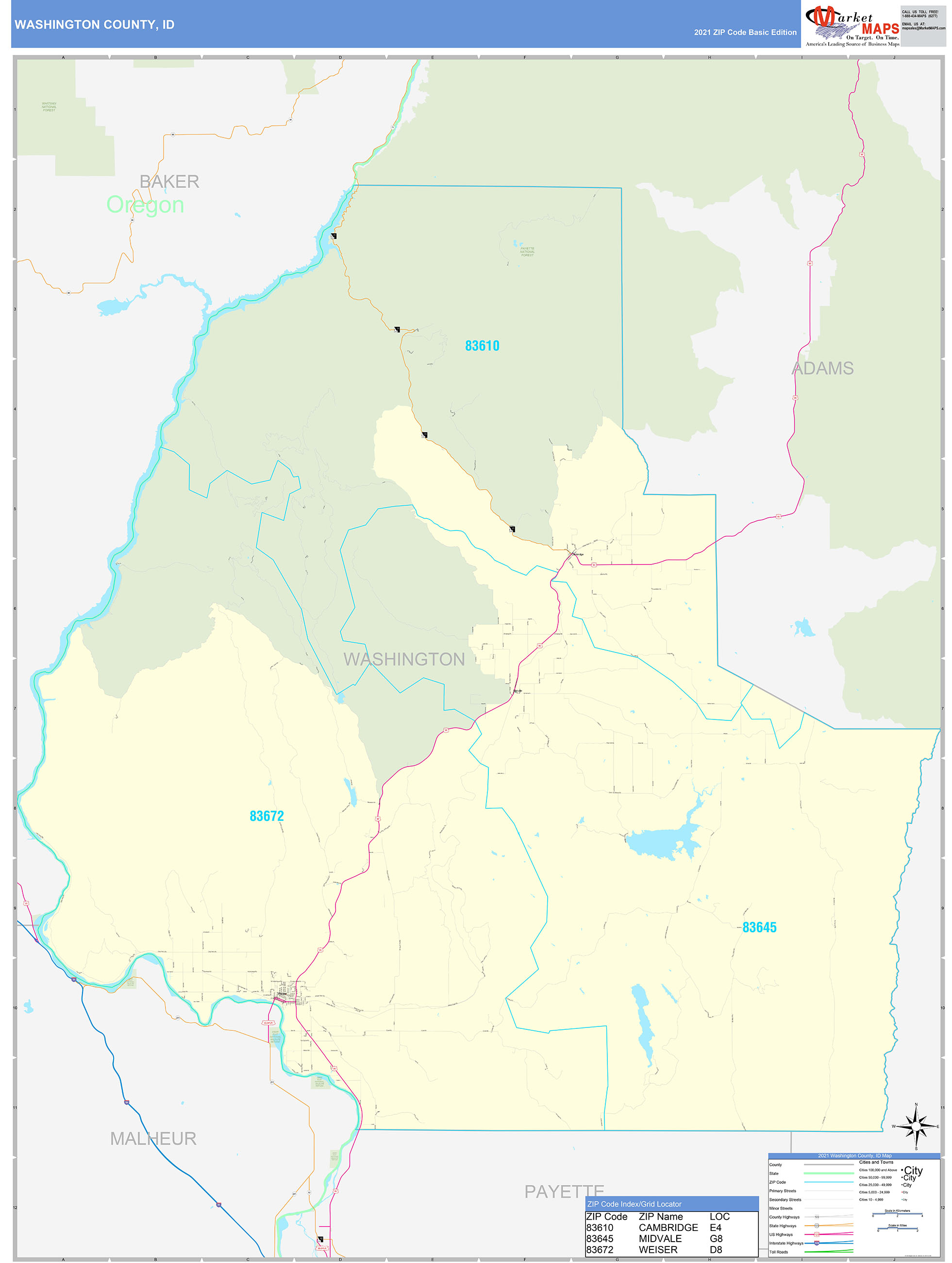 Washington County, ID Zip Code Wall Map Basic Style by MarketMAPS