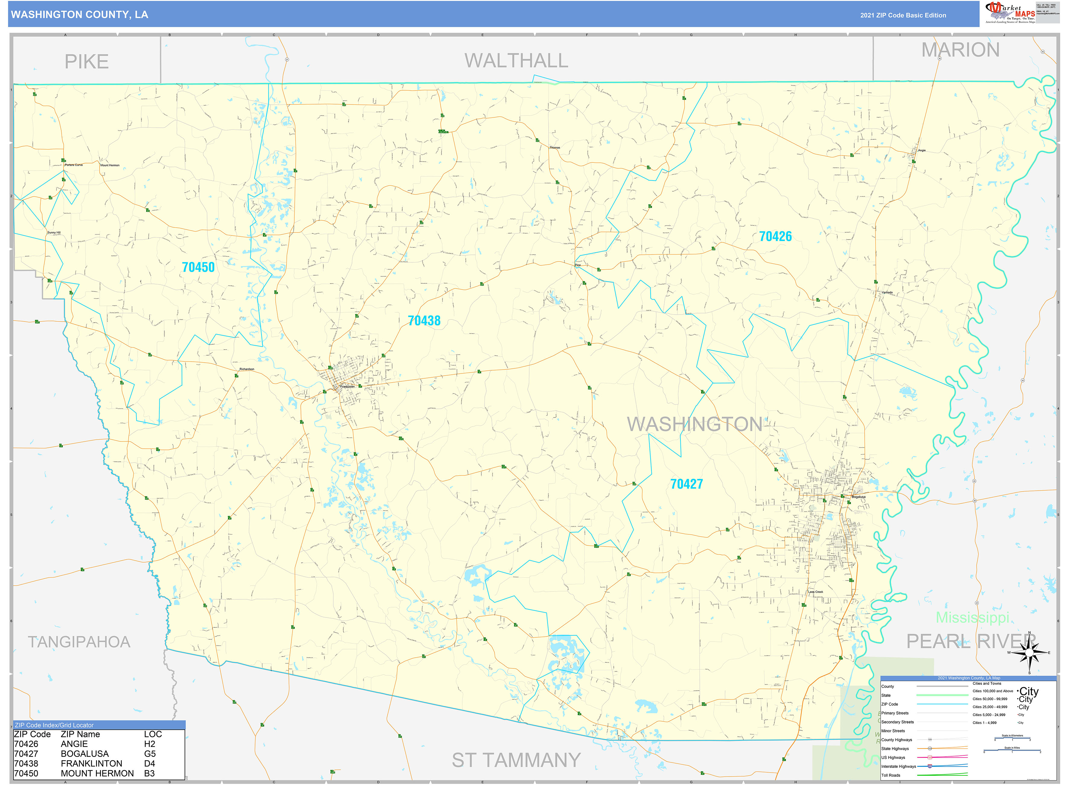 Washington County, LA Zip Code Wall Map Basic Style by MarketMAPS