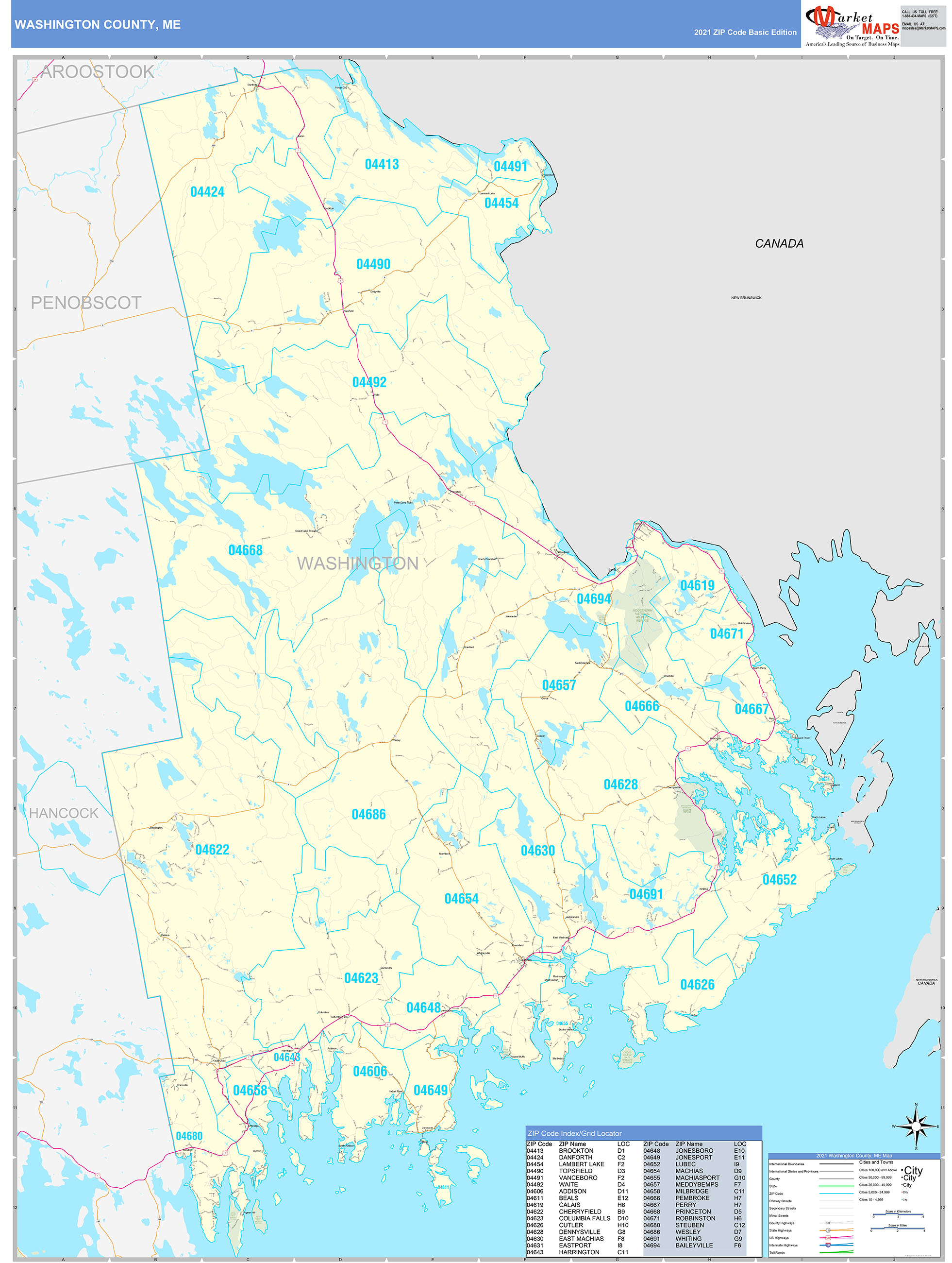 Washington County, ME Zip Code Wall Map Basic Style by MarketMAPS