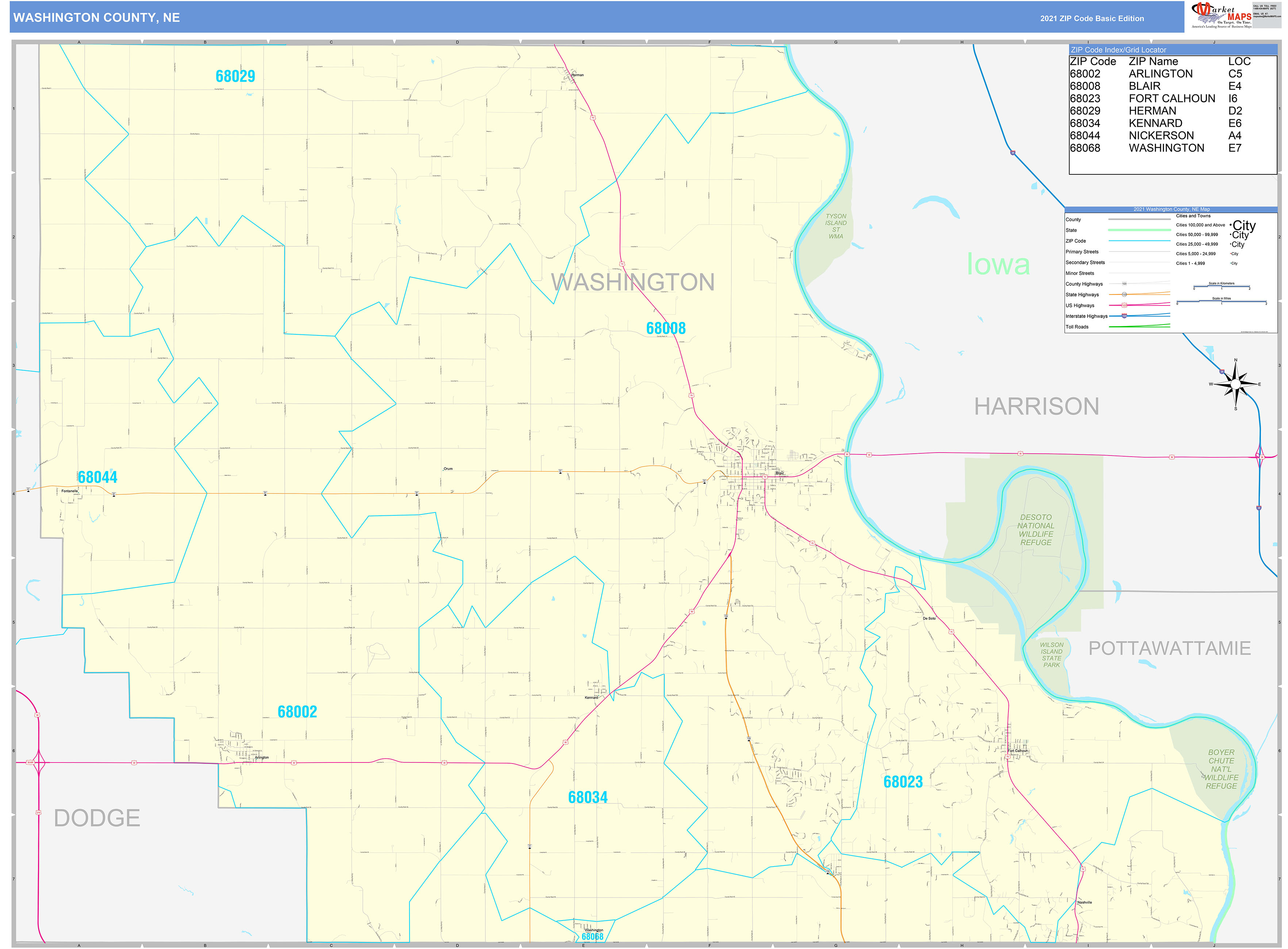 Washington County, NE Zip Code Wall Map Basic Style by MarketMAPS