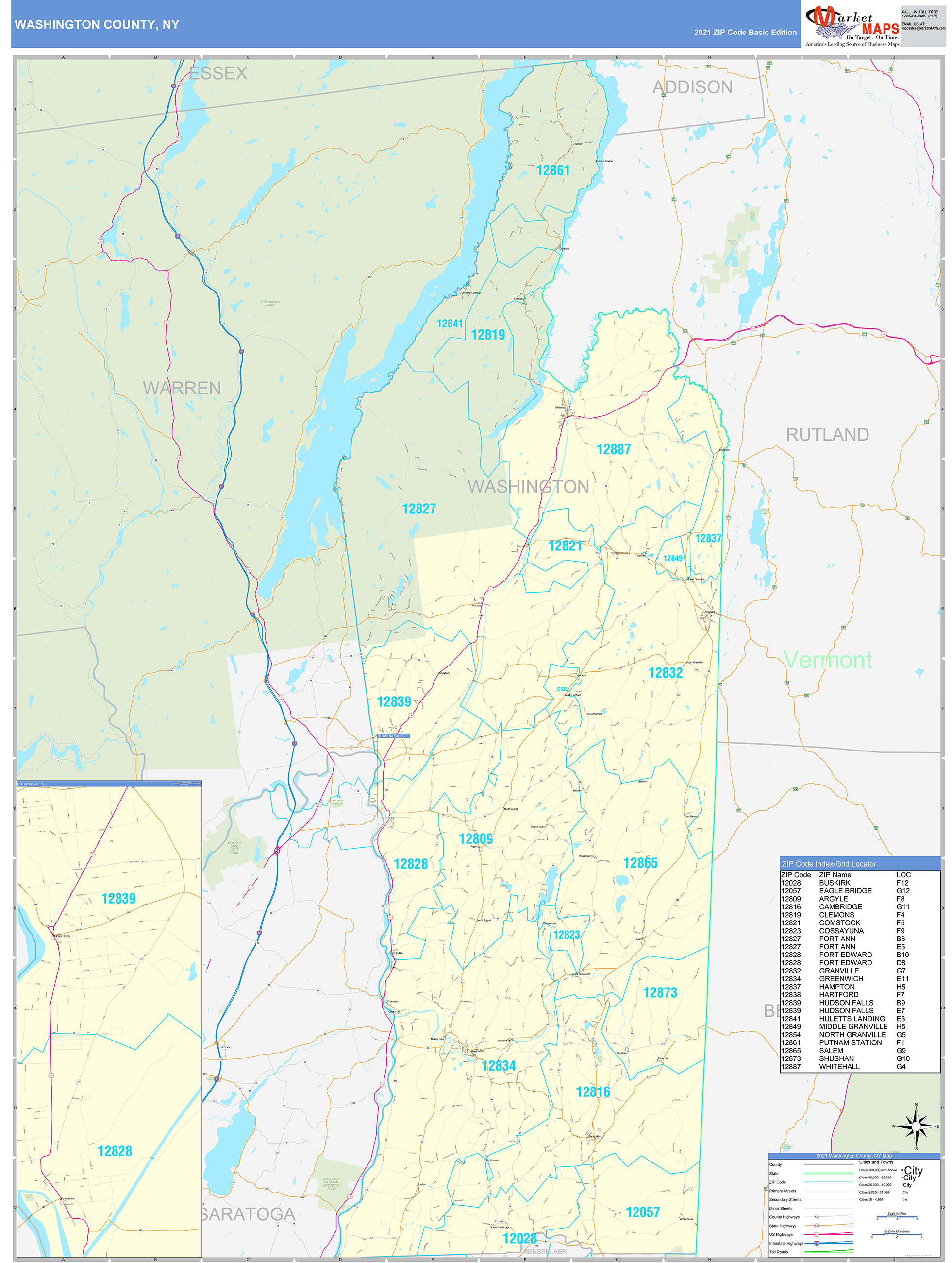 Washington County, NY Zip Code Wall Map Basic Style by MarketMAPS