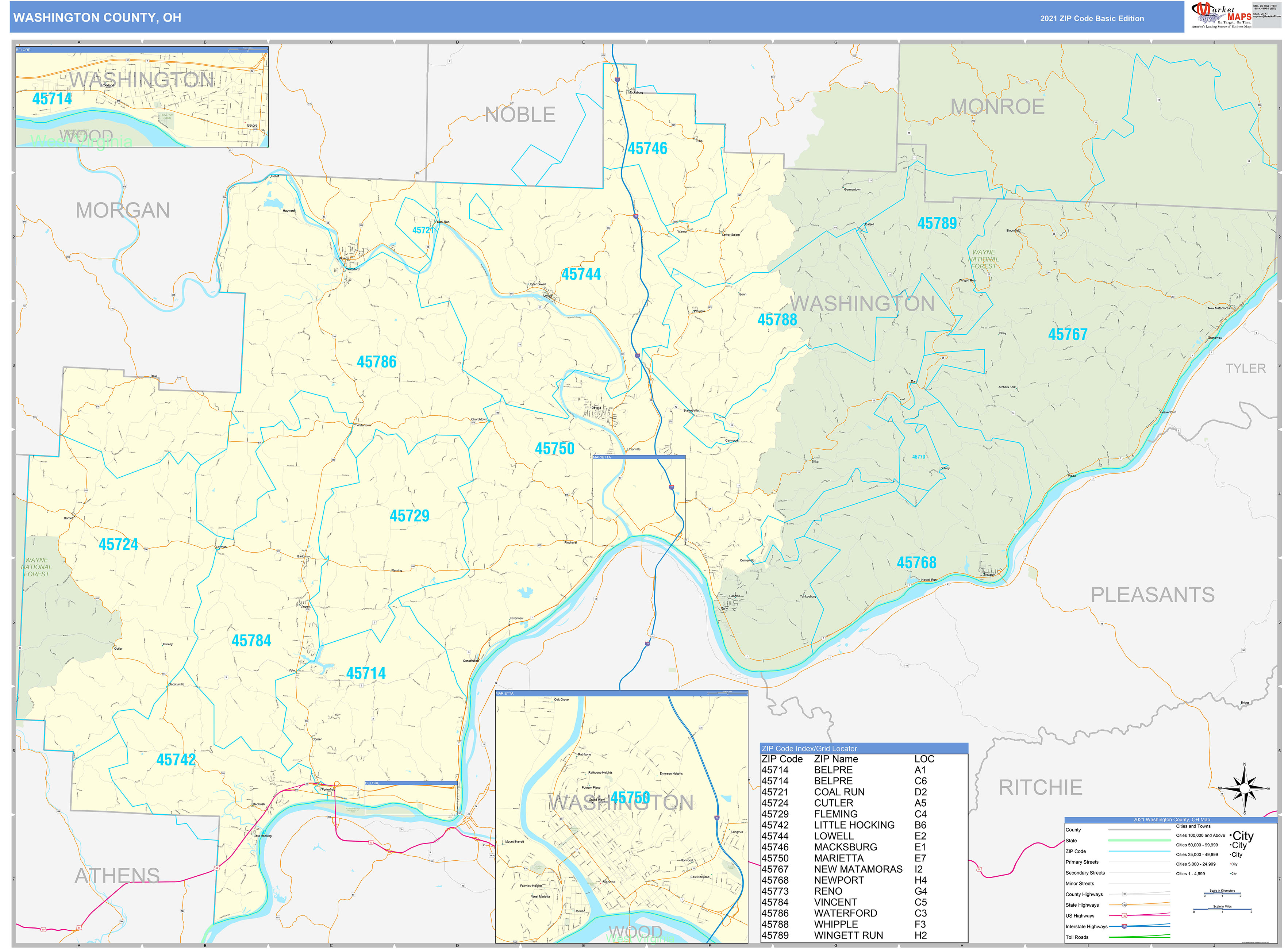 Washington County, OH Zip Code Wall Map Basic Style by MarketMAPS MapSales
