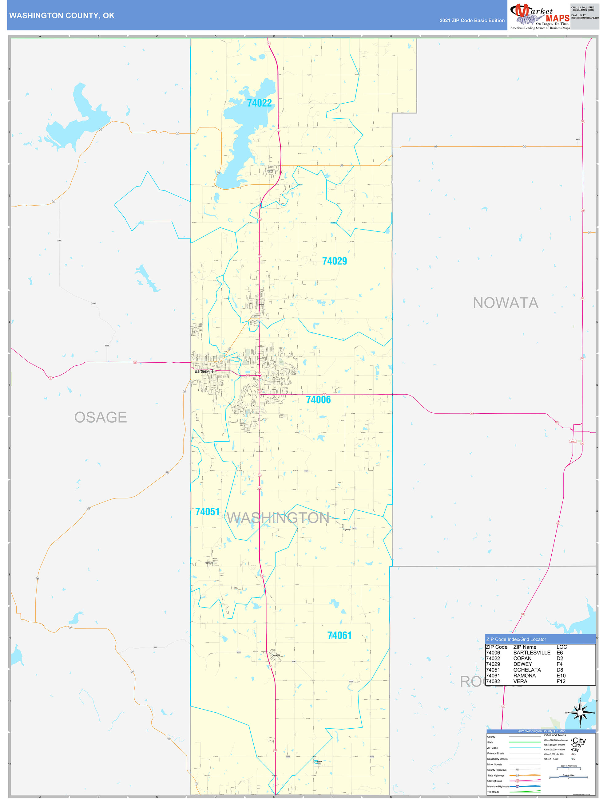 Washington County, OK Zip Code Wall Map Basic Style by MarketMAPS