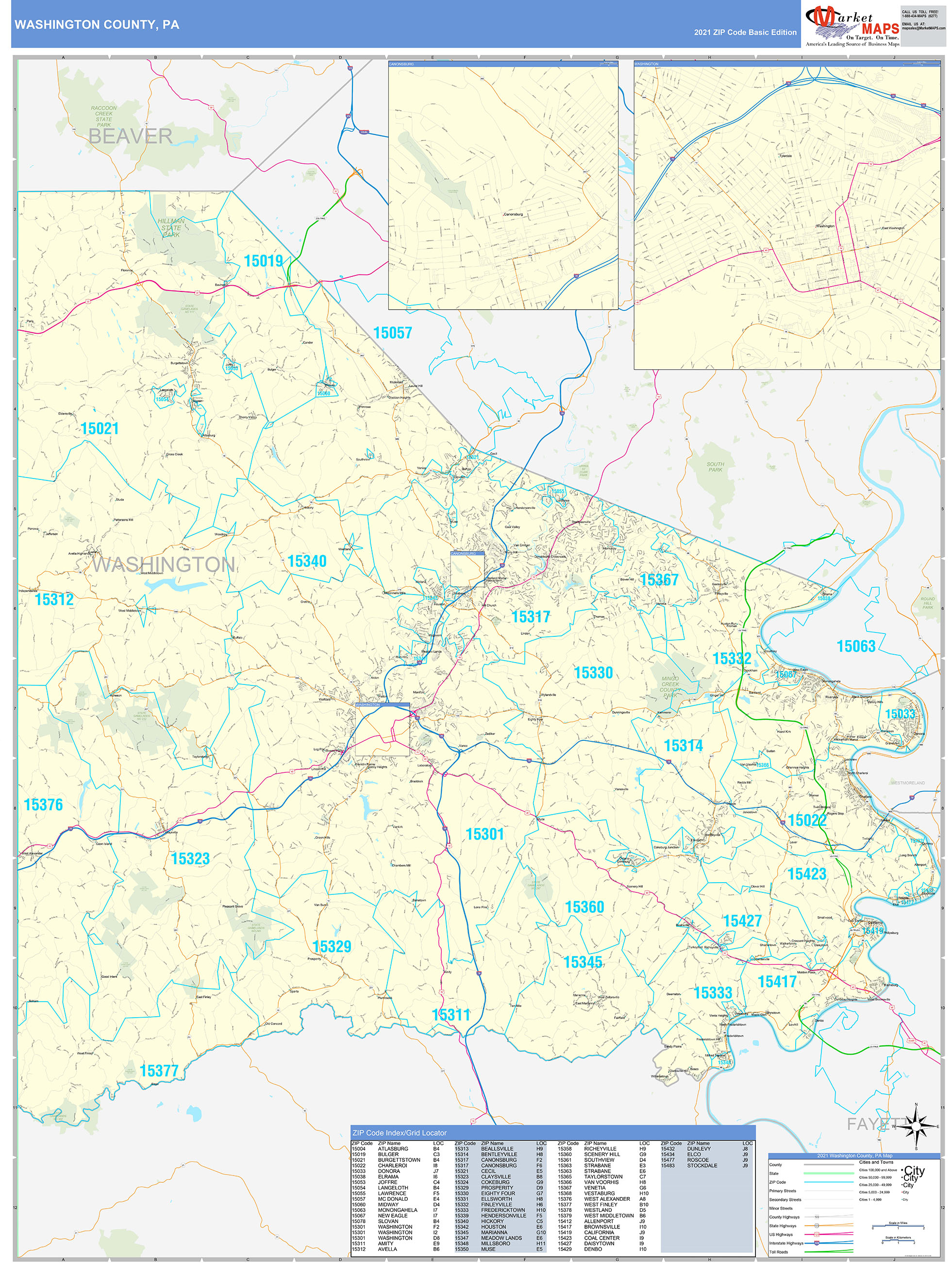 Washington County, PA Zip Code Wall Map Basic Style by MarketMAPS